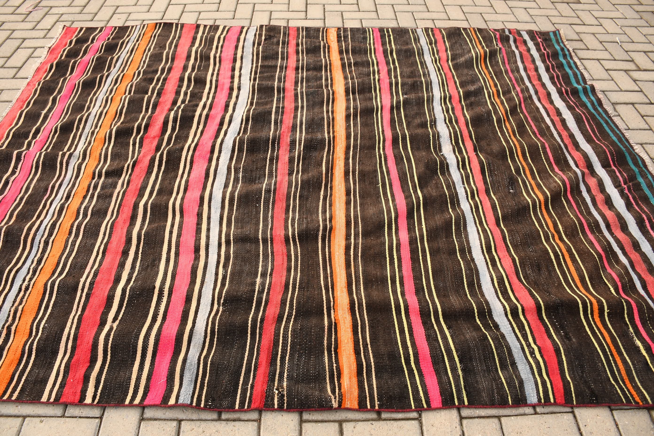 Kilim, Yer Halıları, Oushak Halı, Boho Halı, Siyah Havalı Halılar, Türk Halıları, Vintage Halılar, Yatak Odası Halısı, Oturma Odası Halıları, 6,9x8,8 ft Büyük Halılar