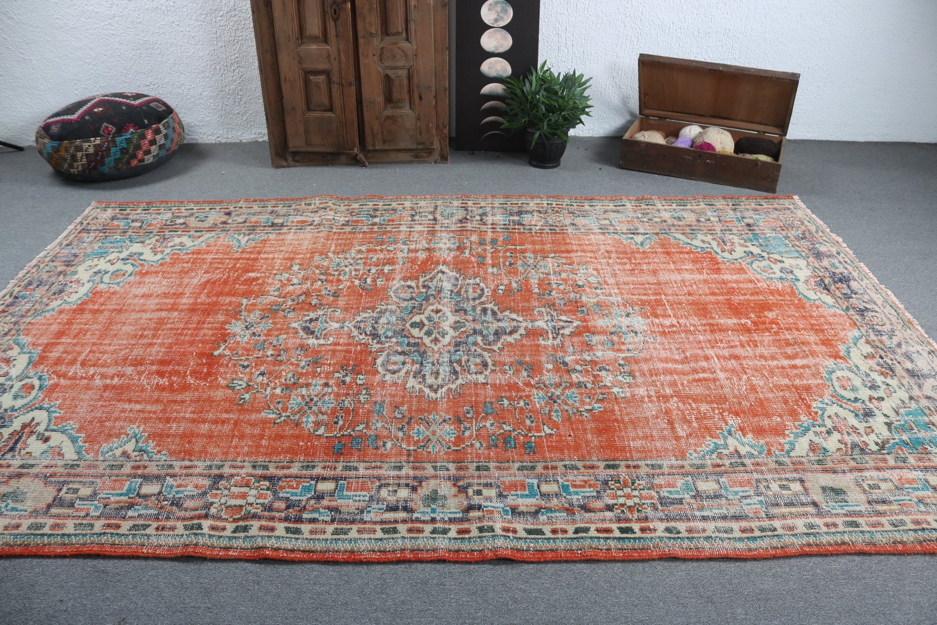 Ev Dekorasyonu Halıları, Anadolu Halıları, 6.5x10.4 ft Büyük Halı, Turuncu El Dokuma Halı, Büyük Boho Halıları, Büyük Vintage Halı, Vintage Halılar, Türk Halısı