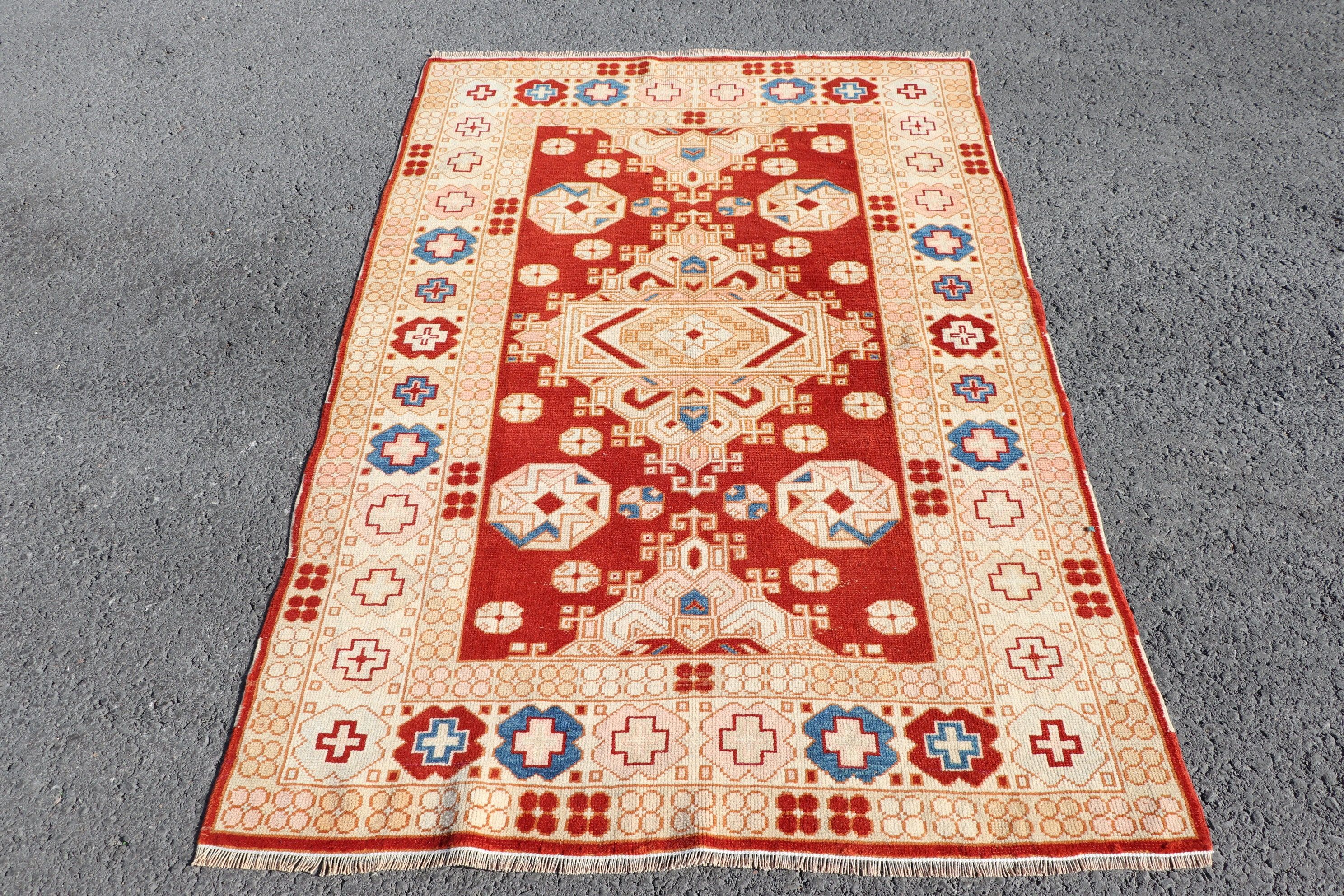 Turkish Rugs, Rugs for Entry, Bedroom Rugs, Red  3.9x5.7 ft Accent Rug, Kitchen Rug, Vintage Rugs, Outdoor Rug