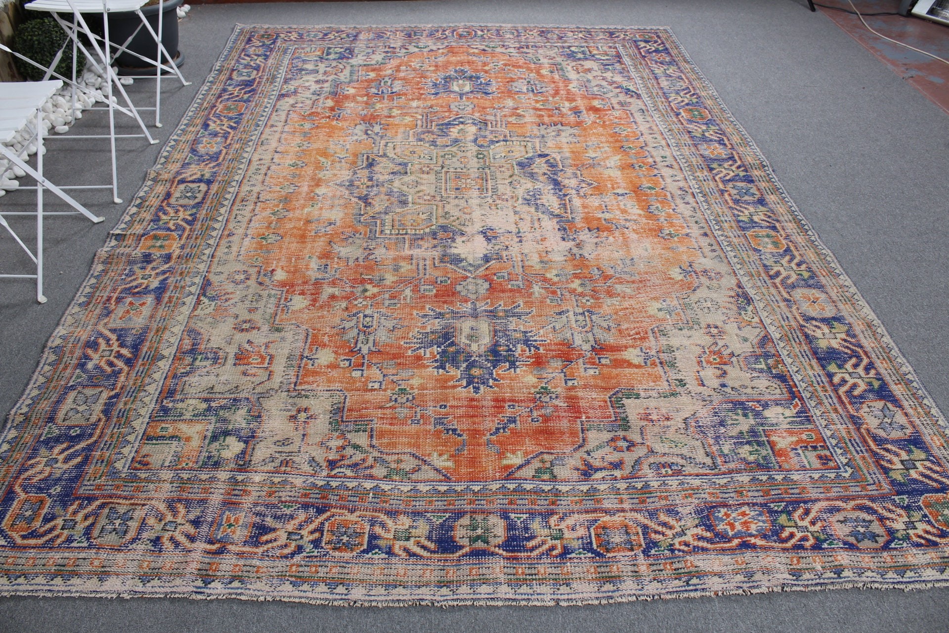 Türk Halıları, Yün Halı, 7.2x10.7 ft Büyük Boy Halı, Vintage Halı, Oturma Odası Halısı, Turuncu Mutfak Halıları, Yemek Odası Halısı, Eski Halı