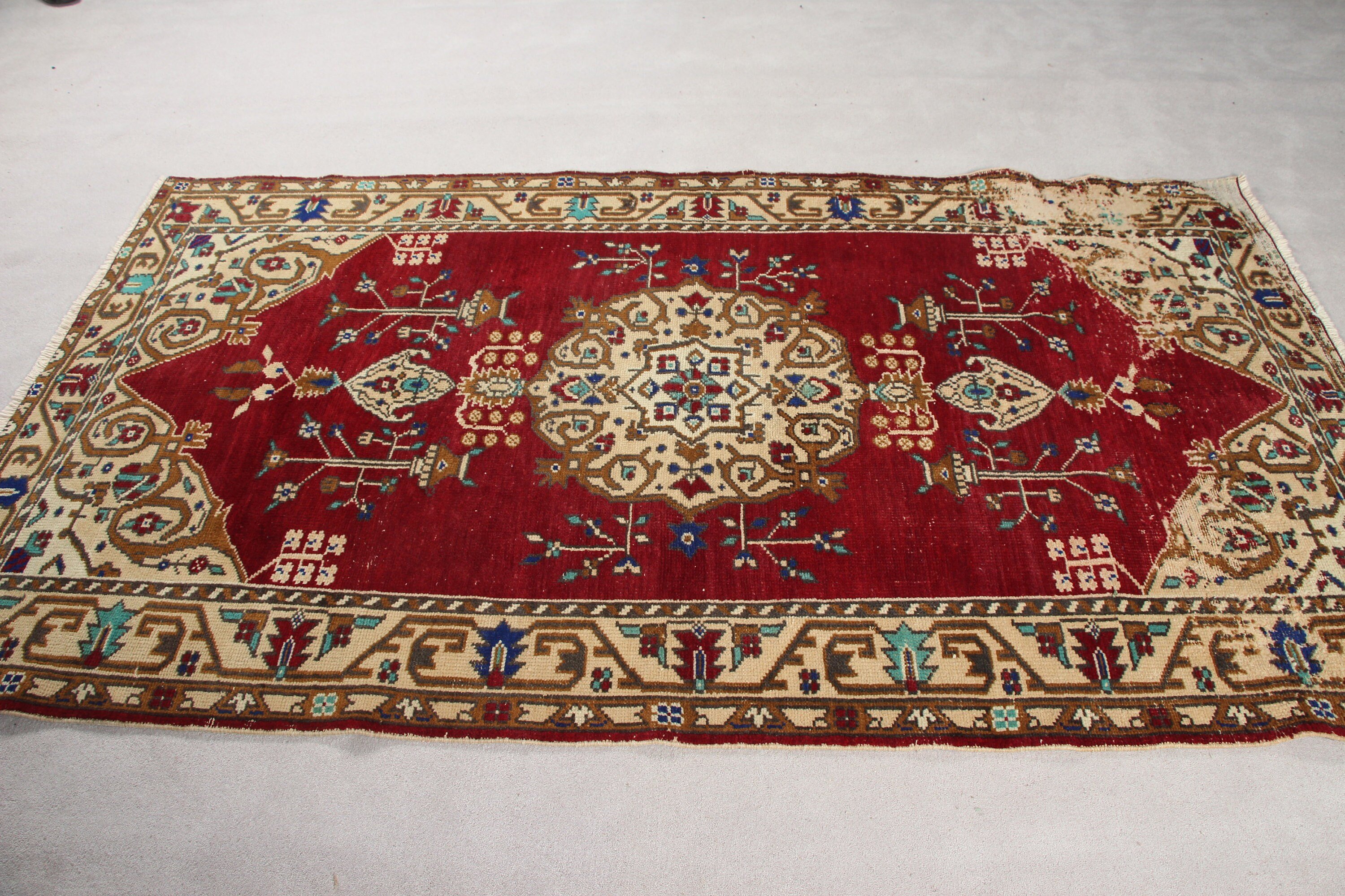 Kırmızı Oryantal Halı, Vintage Halı, Türk Halısı, Yemek Odası Halıları, 4.2x7.5 ft Alan Halıları, Mutfak Halıları, Yer Halısı, Anadolu Halısı, Aztek Halısı