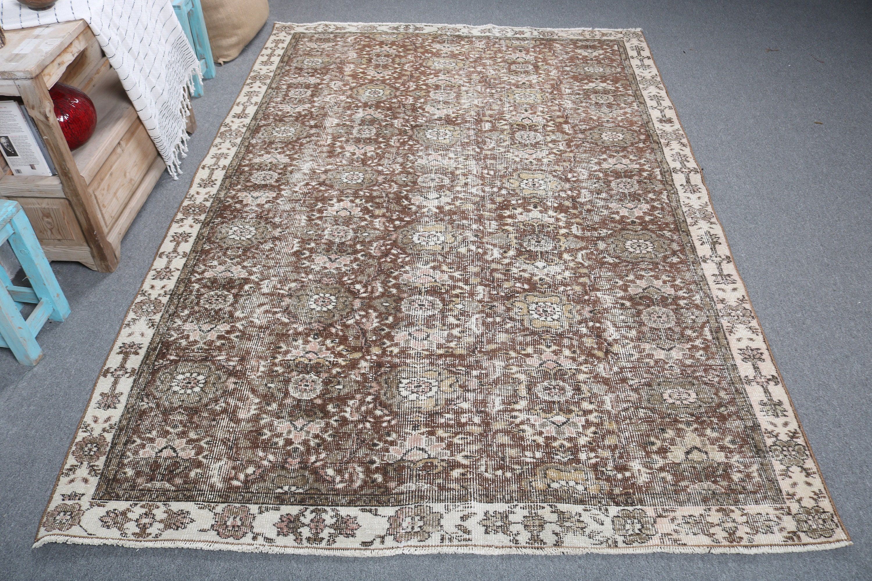 5.3x8.1 ft Büyük Halılar, Yemek Odası Halısı, Yün Halı, Vintage Halılar, Salon Halısı, Salon Halıları, Türk Halısı, Kahverengi Anadolu Halısı