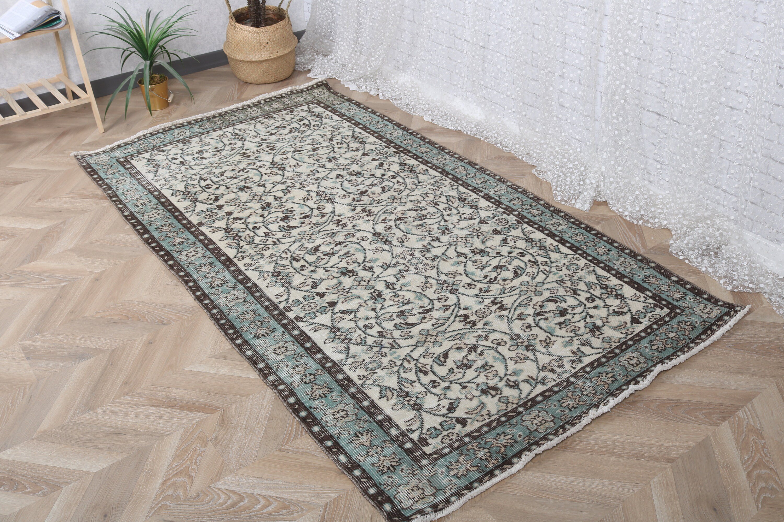 Bej Yün Halılar, 3,9x7,1 ft Alan Halısı, Oushak Halıları, İç Mekan Halısı, Vintage Halı, Türk Halıları, Oturma Odası Halıları, Havalı Halı, Yatak Odası Halıları