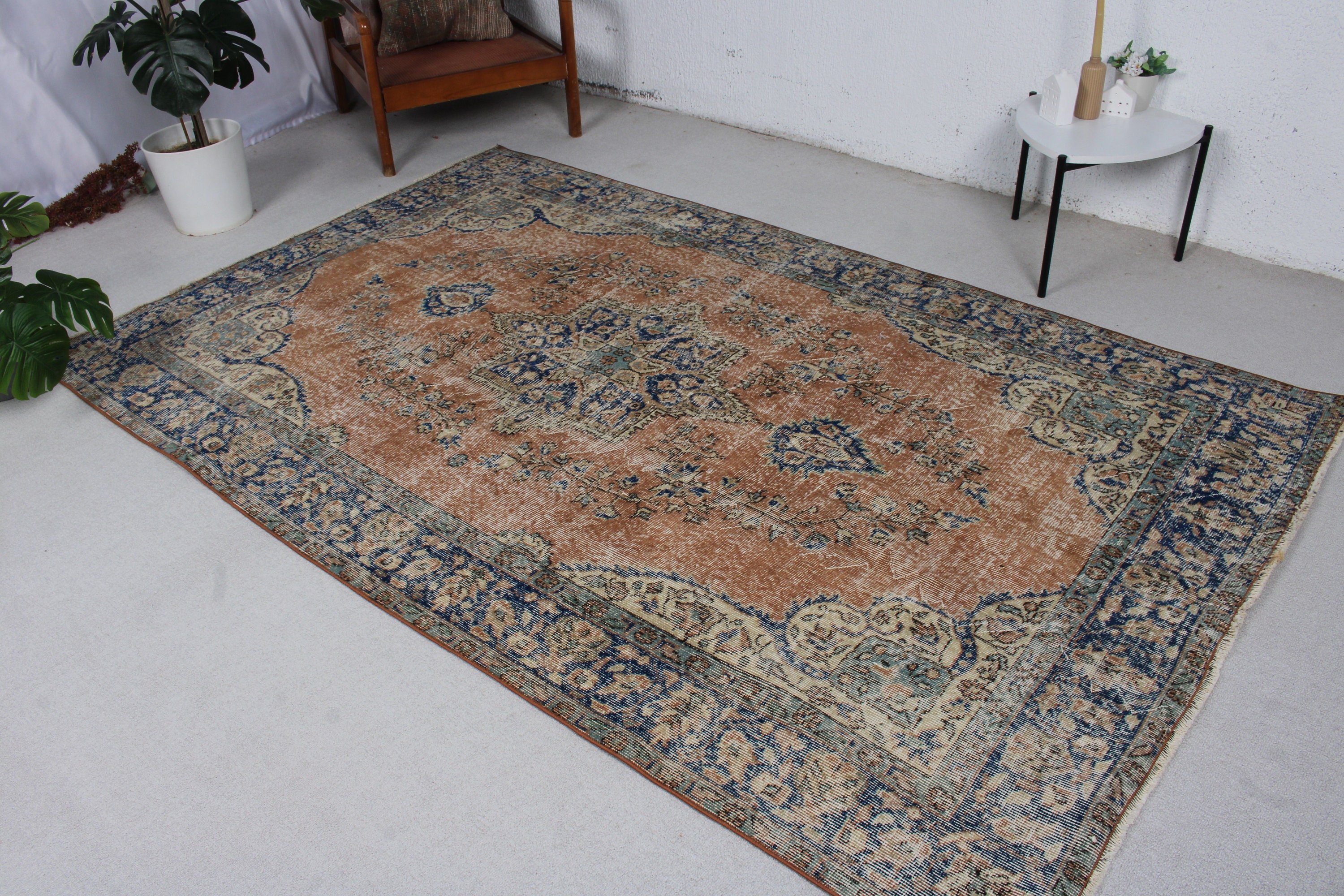 Oturma Odası Halısı, 5.2x8.4 ft Büyük Halı, Büyük Oushak Halıları, Vintage Halı, Boho Halısı, Mavi Fas Halıları, Türk Halısı, Oushak Halıları, Lüks Halı