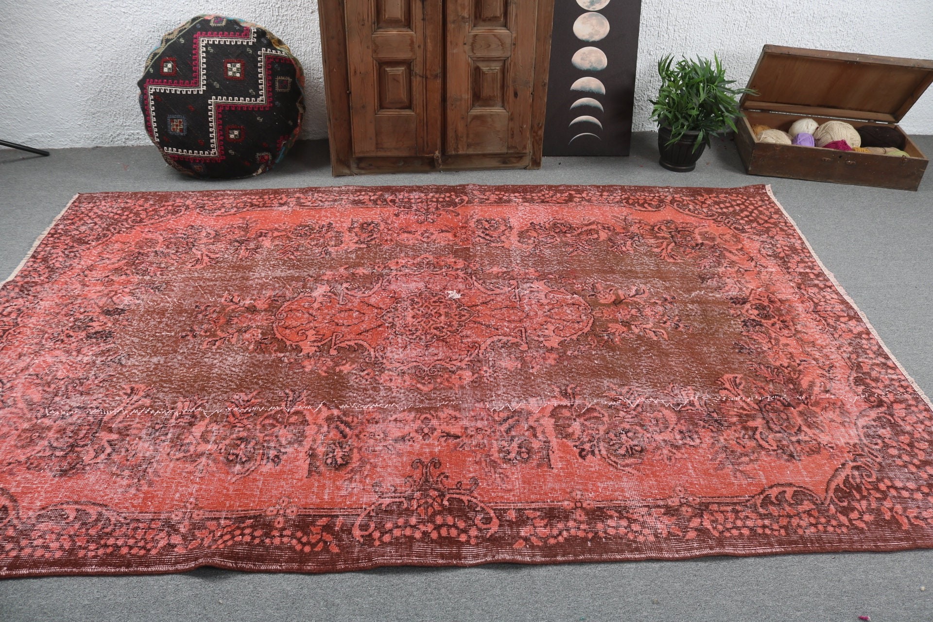 Turkish Rug, Salon Rugs, Red Oushak Rug, Vintage Rugs, Bedroom Rugs, Rugs for Large Vintage, Floor Rug, 5.8x9 ft Large Rugs, Kitchen Rug