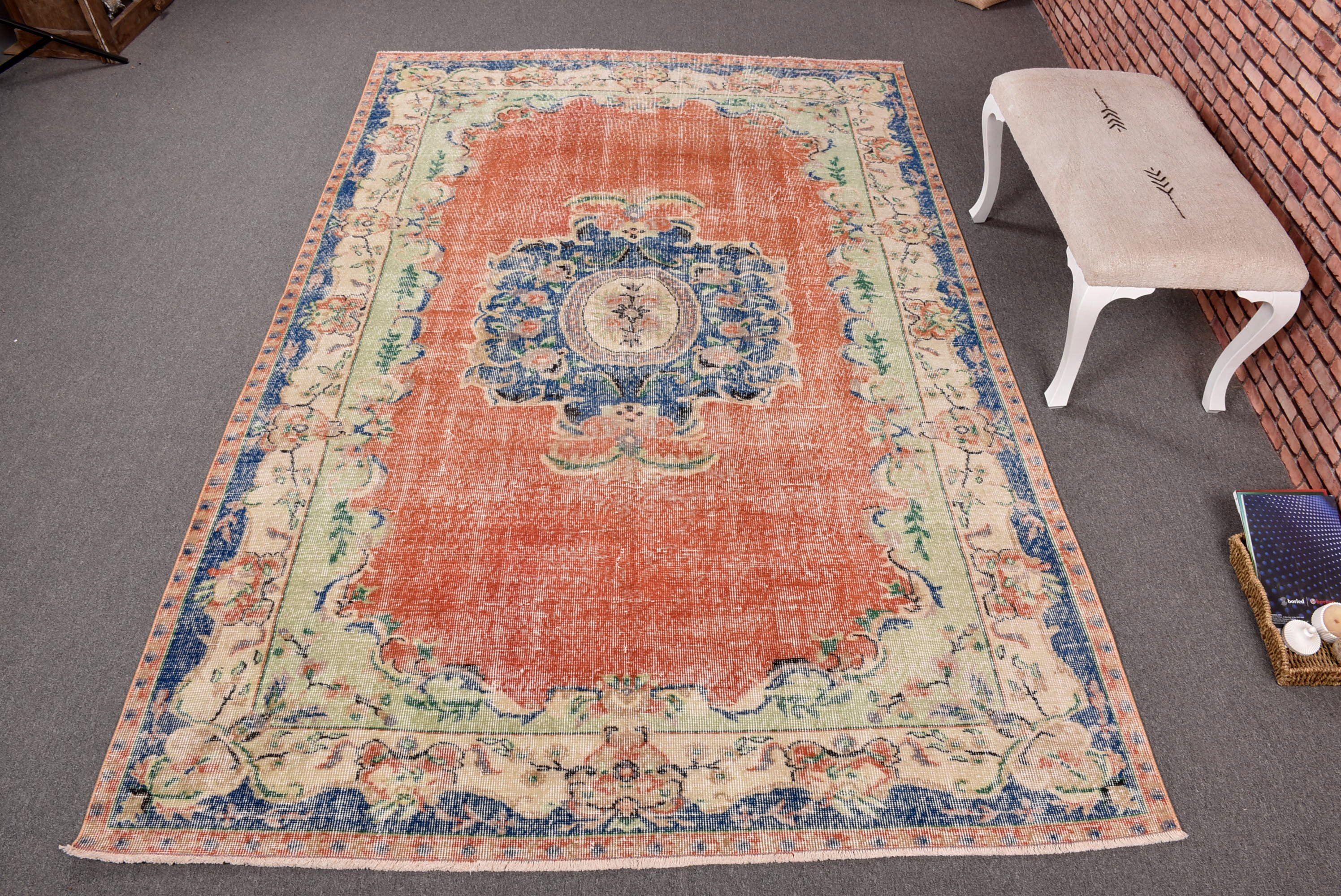 Turuncu Yün Halı, Büyük Vintage Halılar, Türk Halısı, Ev Dekor Halıları, 6.3x9.9 ft Büyük Halılar, Antika Halı, Boho Halılar, Vintage Halı, Yatak Odası Halıları