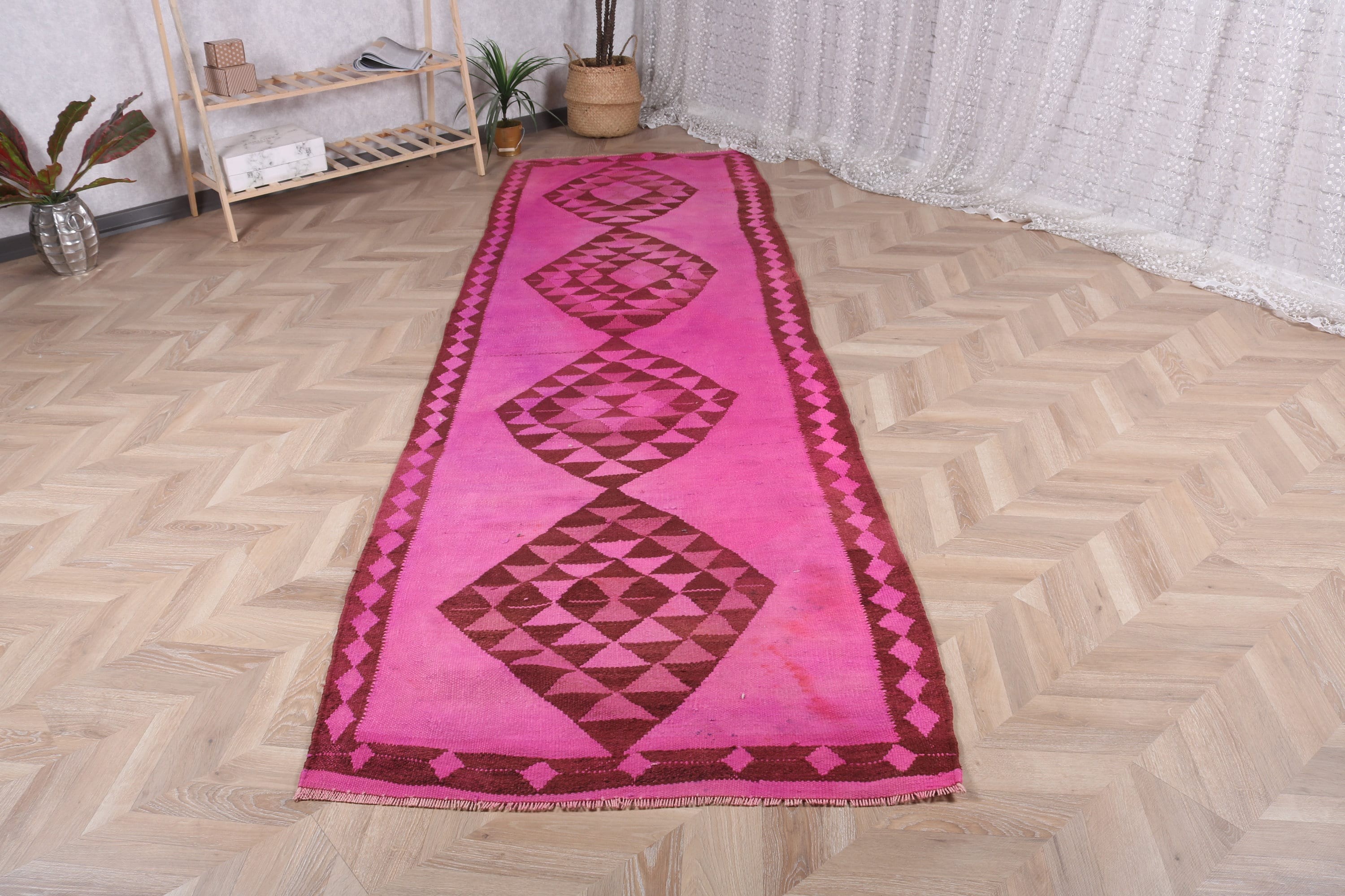 Vintage Halı, Koridor Halıları, Oushak Halısı, Ev Dekorasyonu Halısı, Pembe Oryantal Halısı, Türk Halıları, Vintage Runner Halıları, 3,5x11,1 ft Runner Halısı