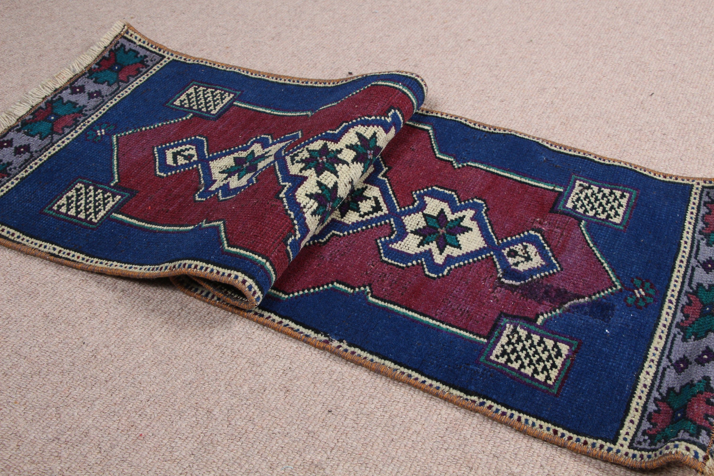 Vintage Rug, Bath Rugs, 1.3x3.6 ft Small Rug, Turkish Rug, Rugs for Car Mat, Blue Kitchen Rugs, Moroccan Rug, Nursery Rug, Oriental Rug