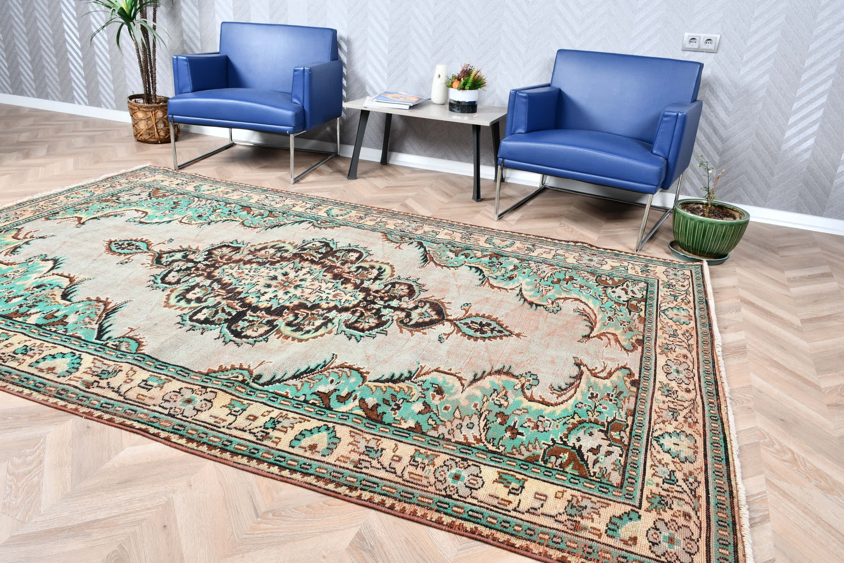 Yatak Odası Halıları, Oturma Odası Halıları, Salon Halısı, 5.8x9.5 ft Büyük Halı, Türk Halıları, Vintage Halı, Mutfak Halısı, Yeşil Yün Halı, Havalı Halı