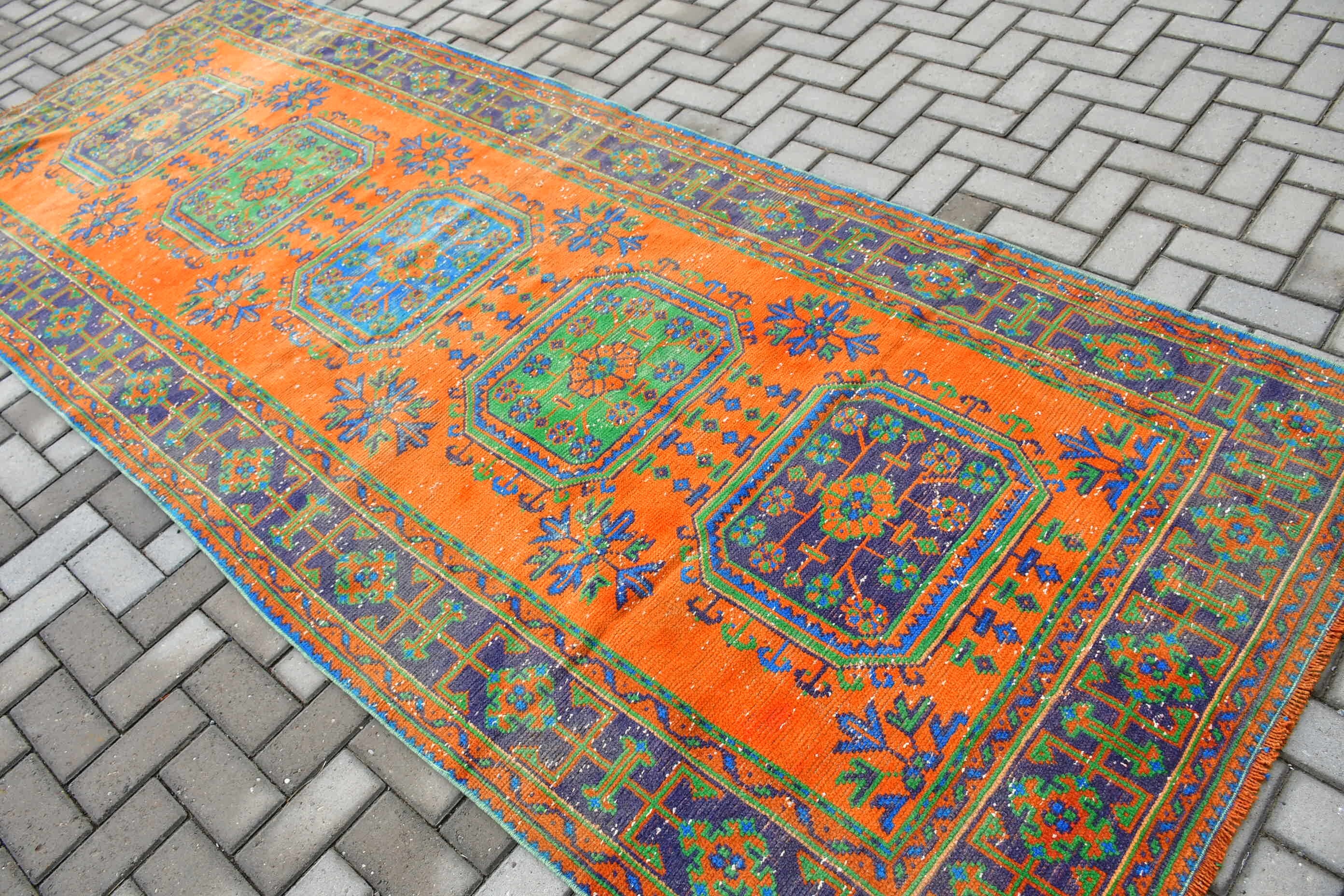 Turuncu Mutfak Halısı, Antika Halı, Vintage Halı, 4.6x11.5 ft Runner Halısı, Türk Halısı, Merdiven Halısı, Koridor Halıları, Parlak Halılar, Fas Halıları