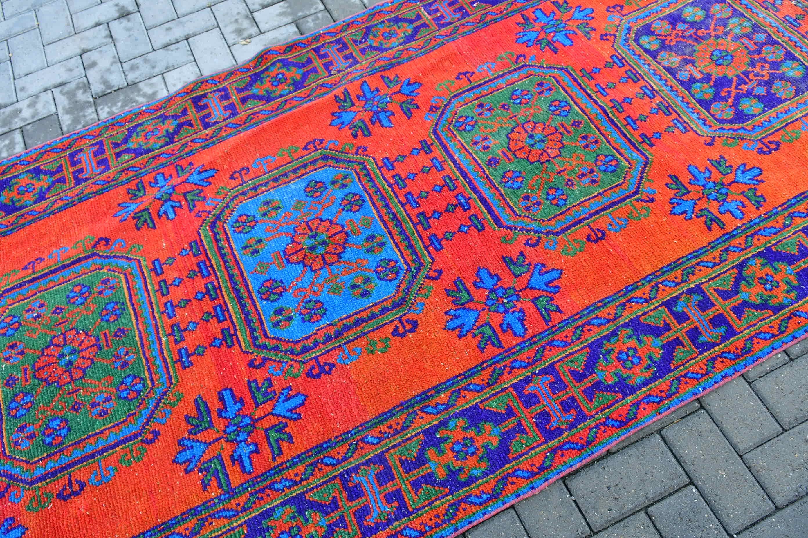 Vintage Rug, Turkish Rug, Kitchen Rugs, 4.3x11.5 ft Runner Rugs, Orange Wool Rugs, Rugs for Kitchen, Corridor Rugs, Pastel Rugs, Wool Rugs