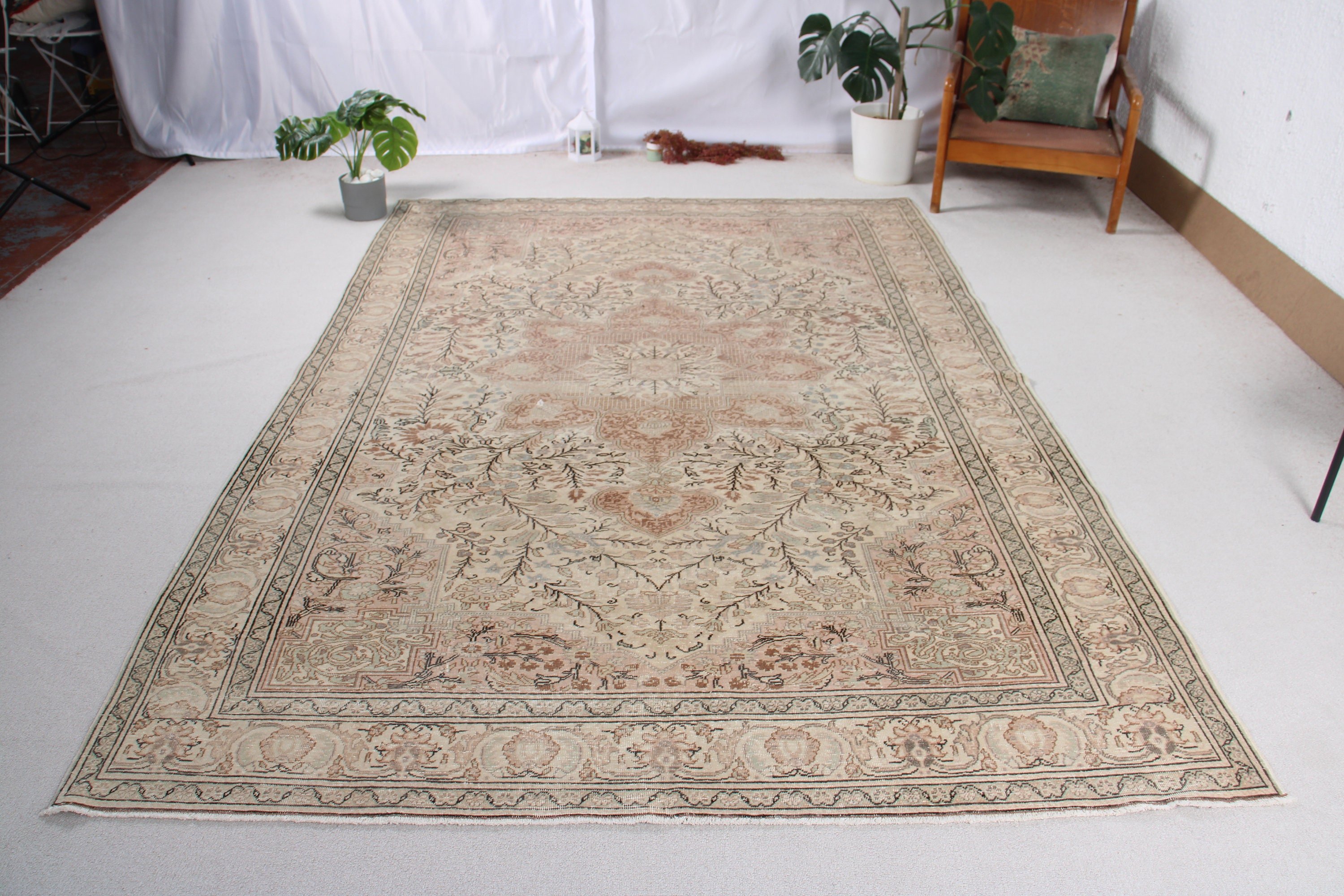 Büyük Vintage Halılar, 6.4x9.4 ft Büyük Halı, Yün Halı, Mutfak Halısı, Lüks Halı, Türk Halıları, Bej Yün Halı, Vintage Halılar, Büyük Boho Halı