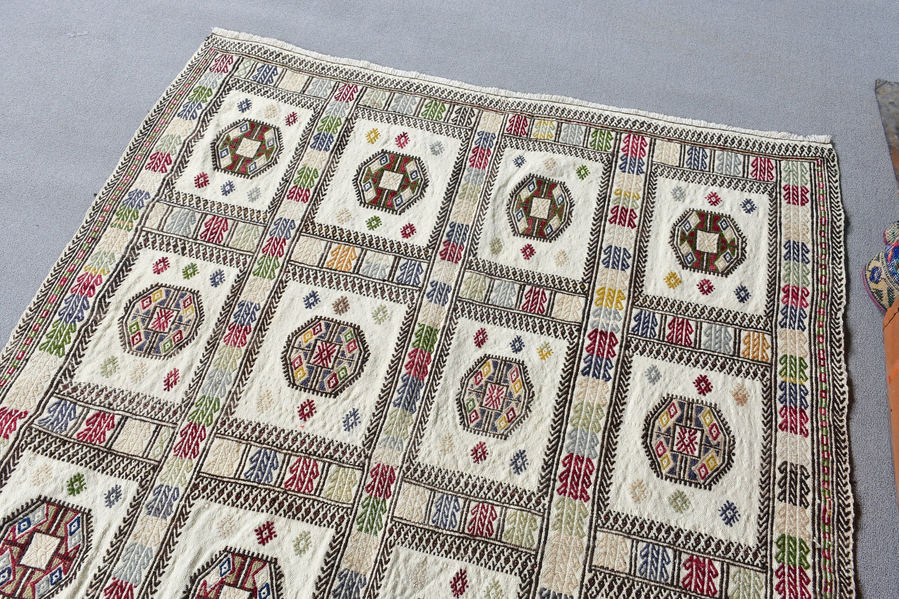 Rugs for Area, White Oriental Rug, Handwoven Rug, Bedroom Rug, Anatolian Rugs, 4.3x5.6 ft Area Rugs, Vintage Rug, Turkish Rug, Kitchen Rug