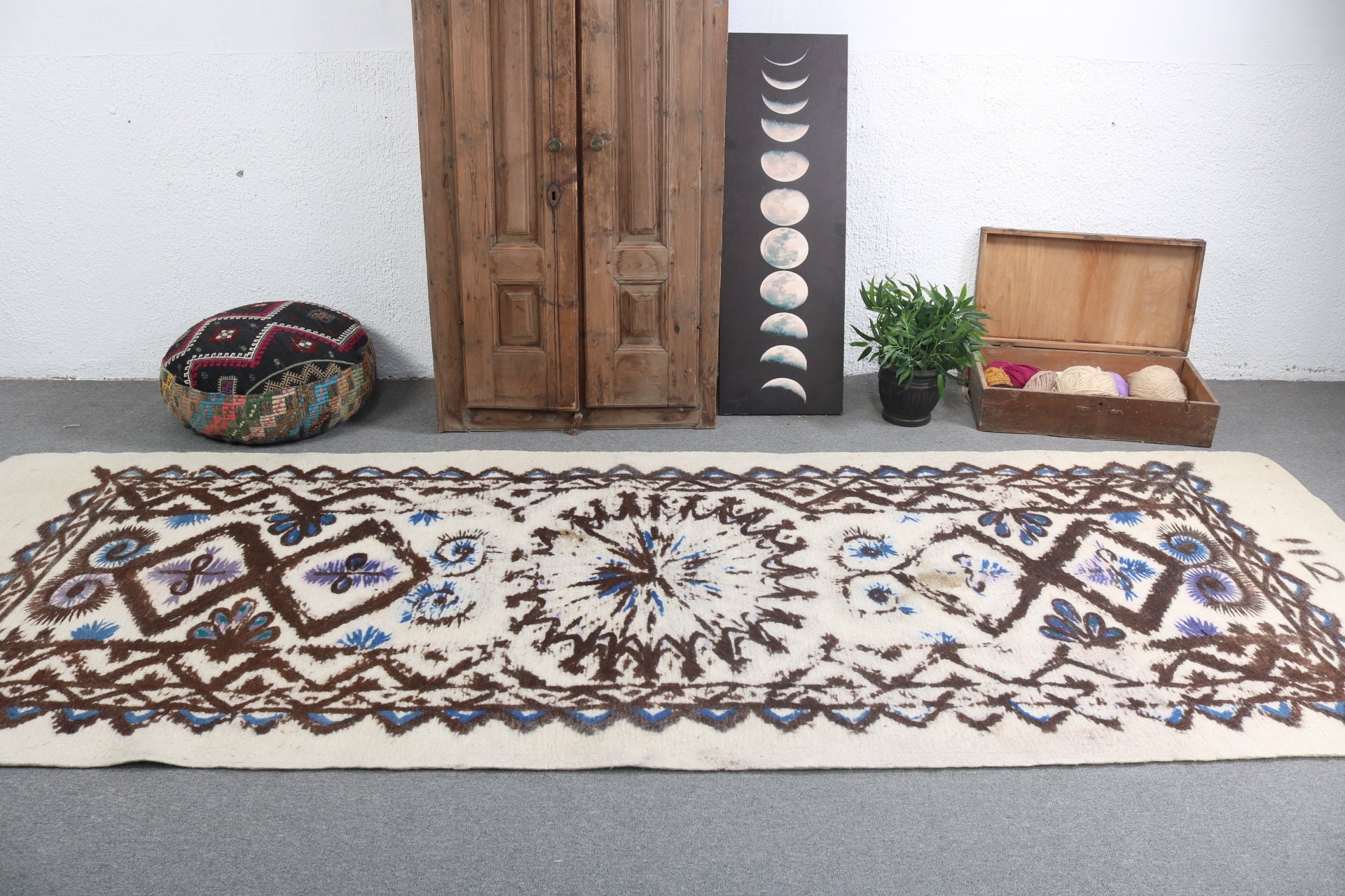 Vintage Runner Halı, Nötr Halılar, Vintage Halılar, Egzotik Halılar, Türk Halıları, Bej Oushak Halıları, 4.6x12.5 ft Runner Halısı, Geometrik Halı