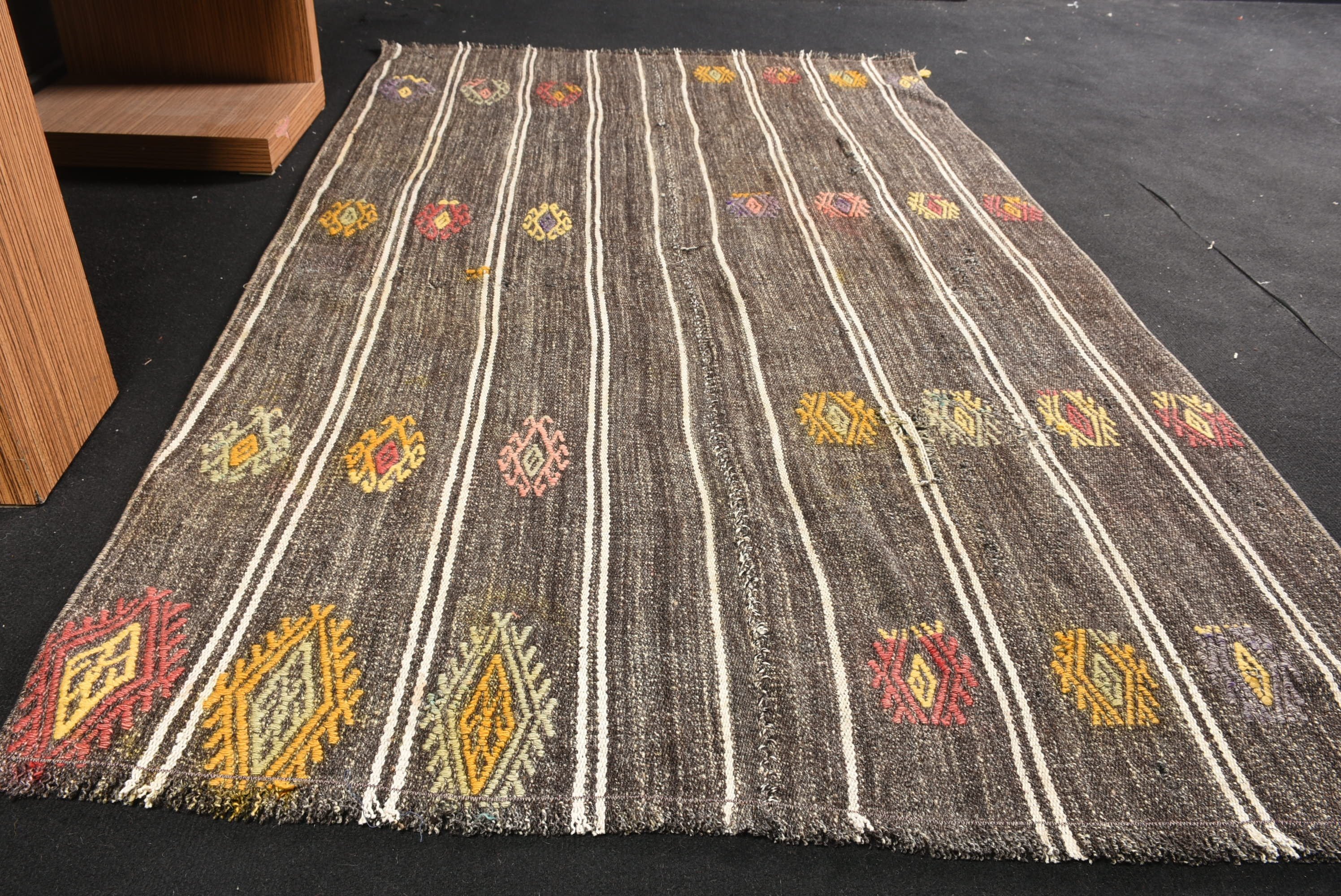 Yün Halı, El Yapımı Halılar, Kahverengi 3,8x6,7 ft Alan Halıları, Türk Halıları, Mutfak Halısı, Kilim, Ev Halısı, Anadolu Halısı, Vintage Halı