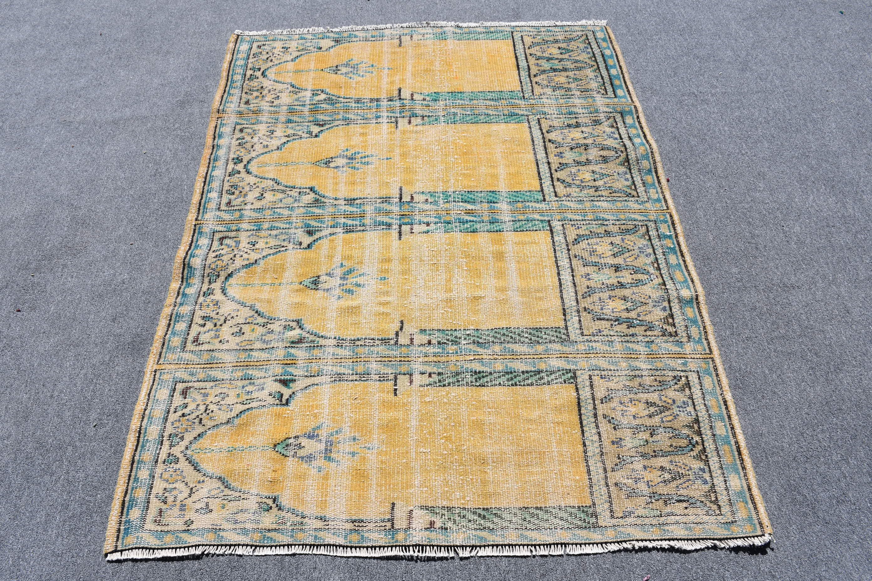 Entry Rug, Turkish Rug, Home Decor Rug, Vintage Rug, Wool Rug, 4x5.2 ft Accent Rugs, Yellow Floor Rug, Bedroom Rugs, Rugs for Entry