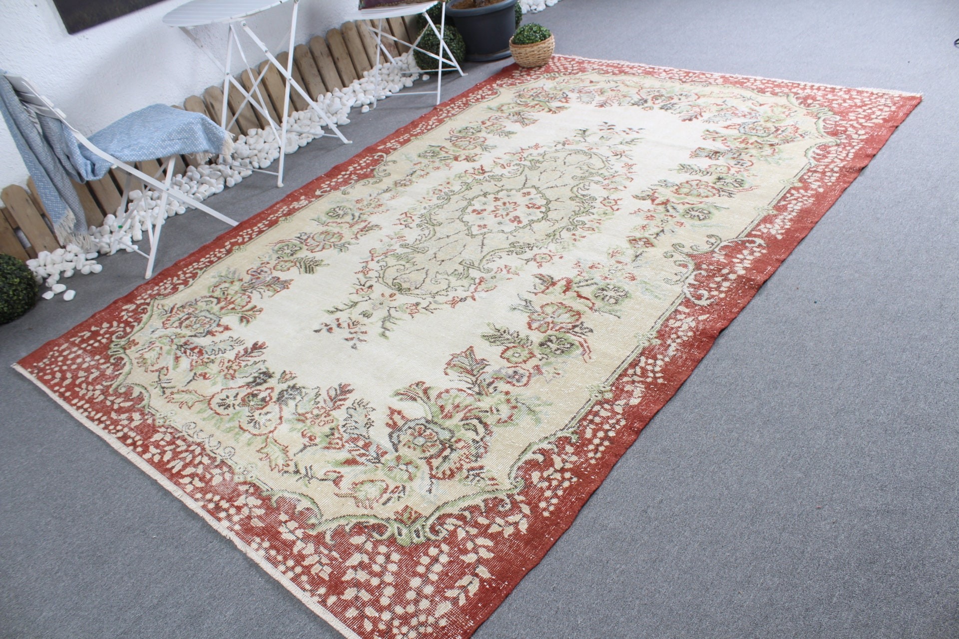 Sanat Halıları, Oushak Halısı, Türk Halısı, Yemek Odası Halıları, Bej Anadolu Halısı, Vintage Halı, Salon Halısı, 6,4x9,5 ft Büyük Halı