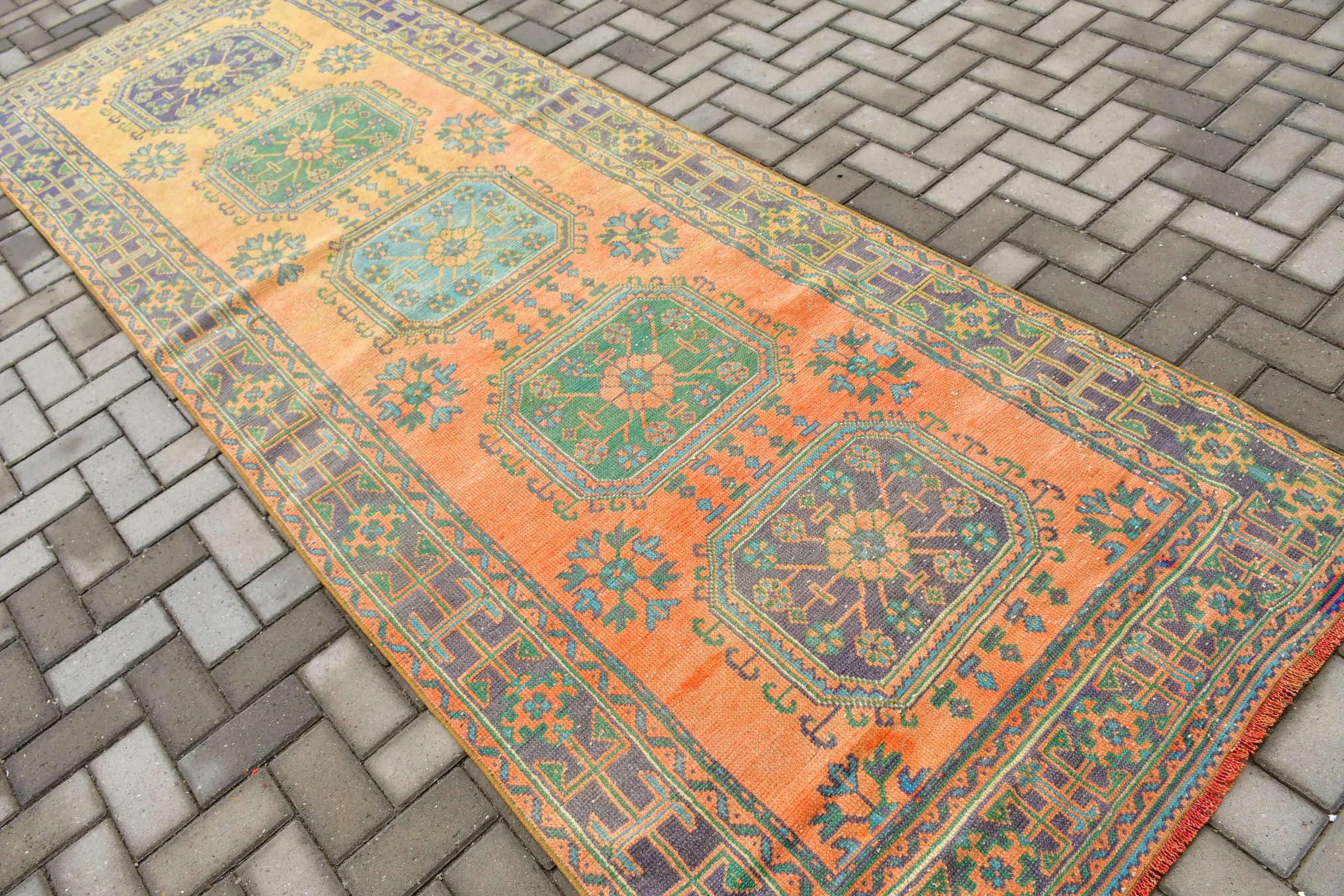 Natural Rug, Turkish Rugs, Corridor Rug, Vintage Rugs, Kitchen Rug, Moroccan Rugs, 4.1x11.7 ft Runner Rugs, Stair Rugs, Orange Wool Rugs