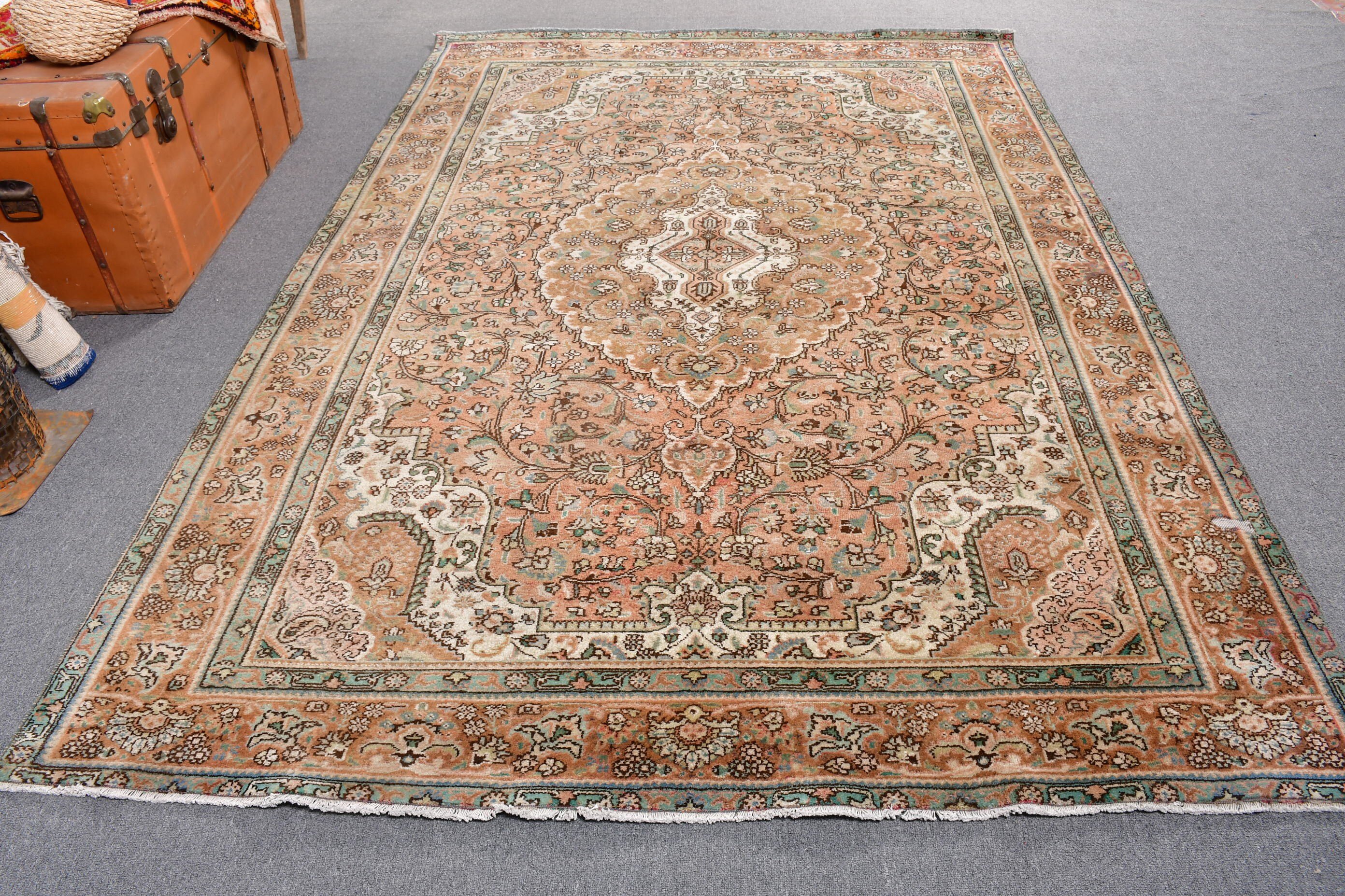 Vintage Halılar, Türk Halıları, Pembe 6.3x9.4 ft Büyük Halı, Büyük Oushak Halısı, Oushak Halısı, Yün Halıları, Dış Mekan Halıları, Salon Halıları