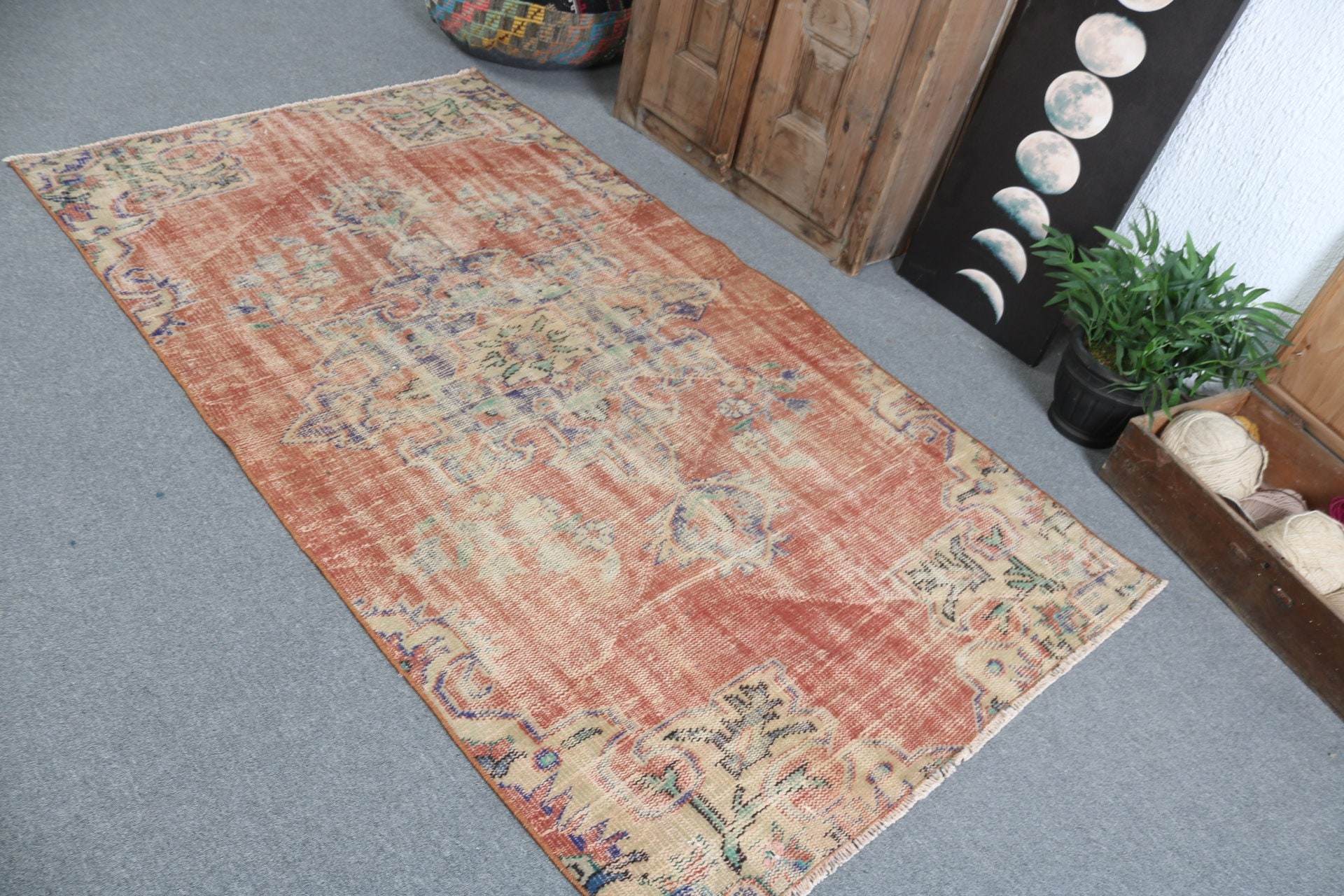 Oushak Area Rugs, Aztec Rug, Vintage Rug, Living Room Rug, Turkish Rug, Oushak Rug, Red Oriental Rugs, 4x7.2 ft Area Rugs, Statement Rug