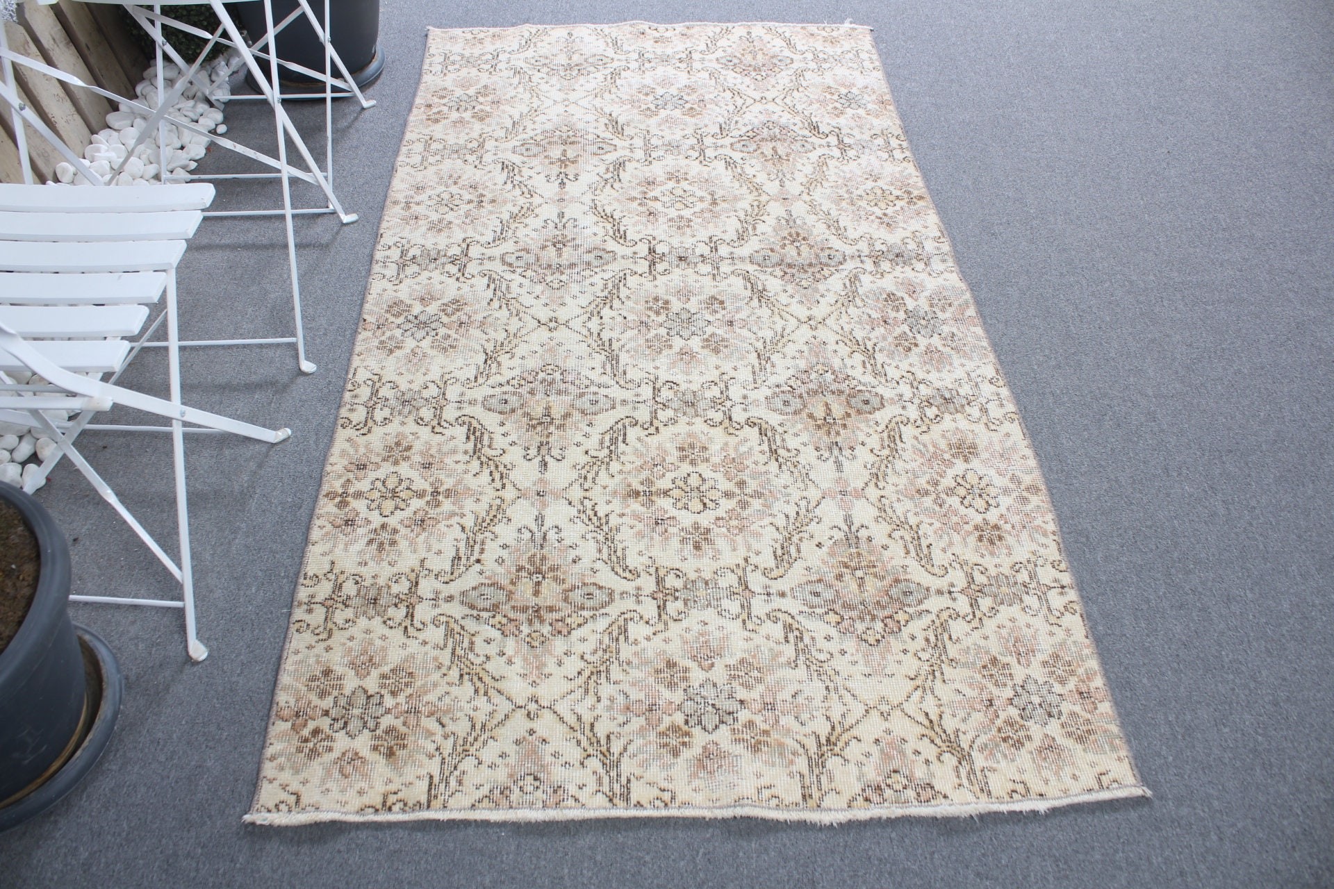 3.7x6.8 ft Area Rug, Turkish Rug, Rugs for Nursery, Wool Rug, Vintage Rug, Dining Room Rug, Beige Cool Rug, Floor Rug, Anatolian Rug