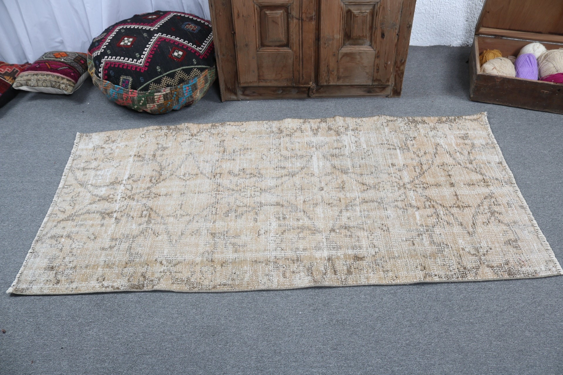 Dekoratif Halılar, Vintage Halı, Vintage Dekor Halı, Giriş Halıları, 2,9x6 ft Accent Halı, Yün Halı, Bej Fas Halısı, Türk Halısı, Boho Halıları