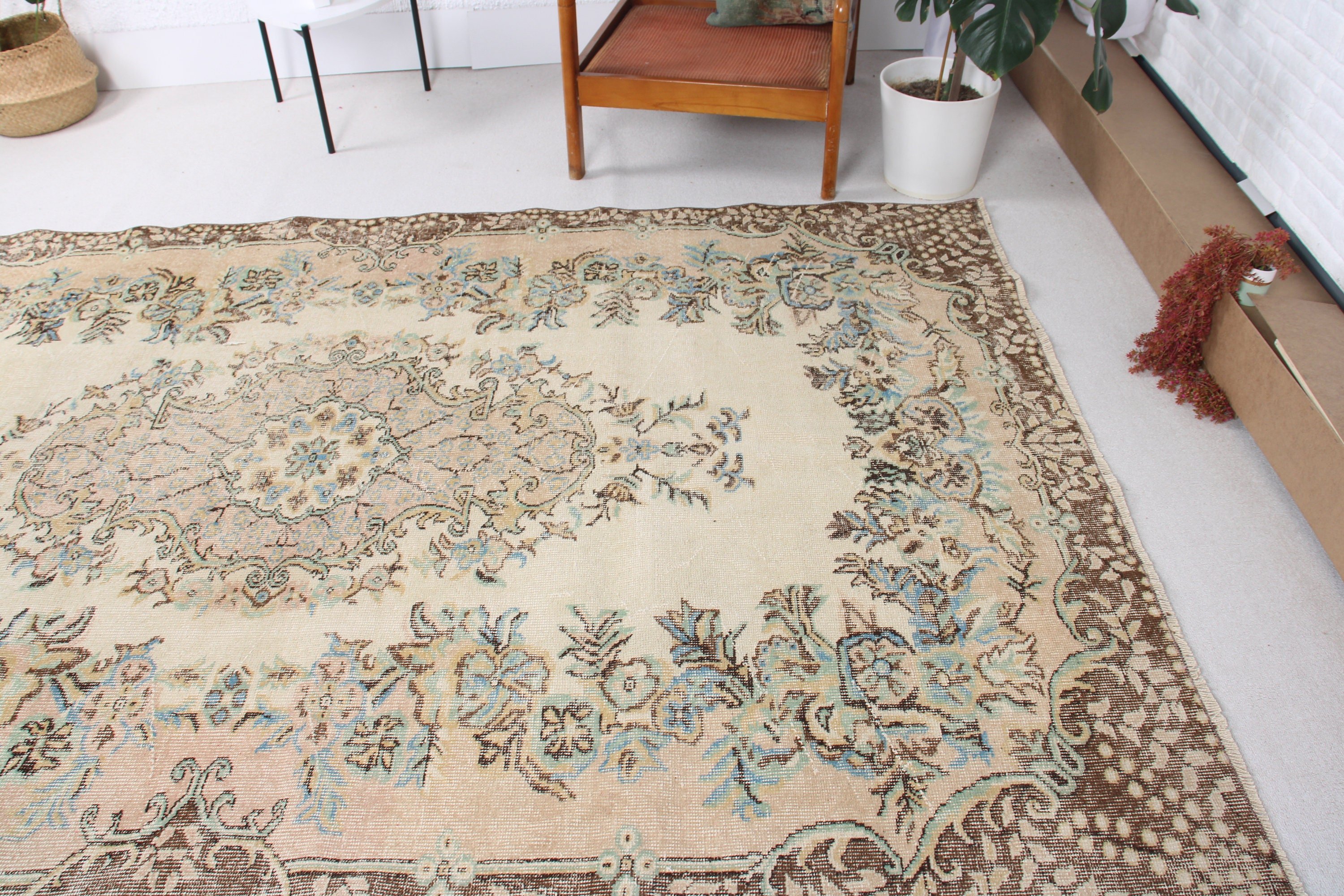 Büyük Boho Halı, Vintage Halılar, Salon Halıları, Bej El Dokuma Halı, Türk Halısı, Mutfak Halısı, El Dokuma Halılar, 5,9x9,2 ft Büyük Halı, Sanatsal Halı