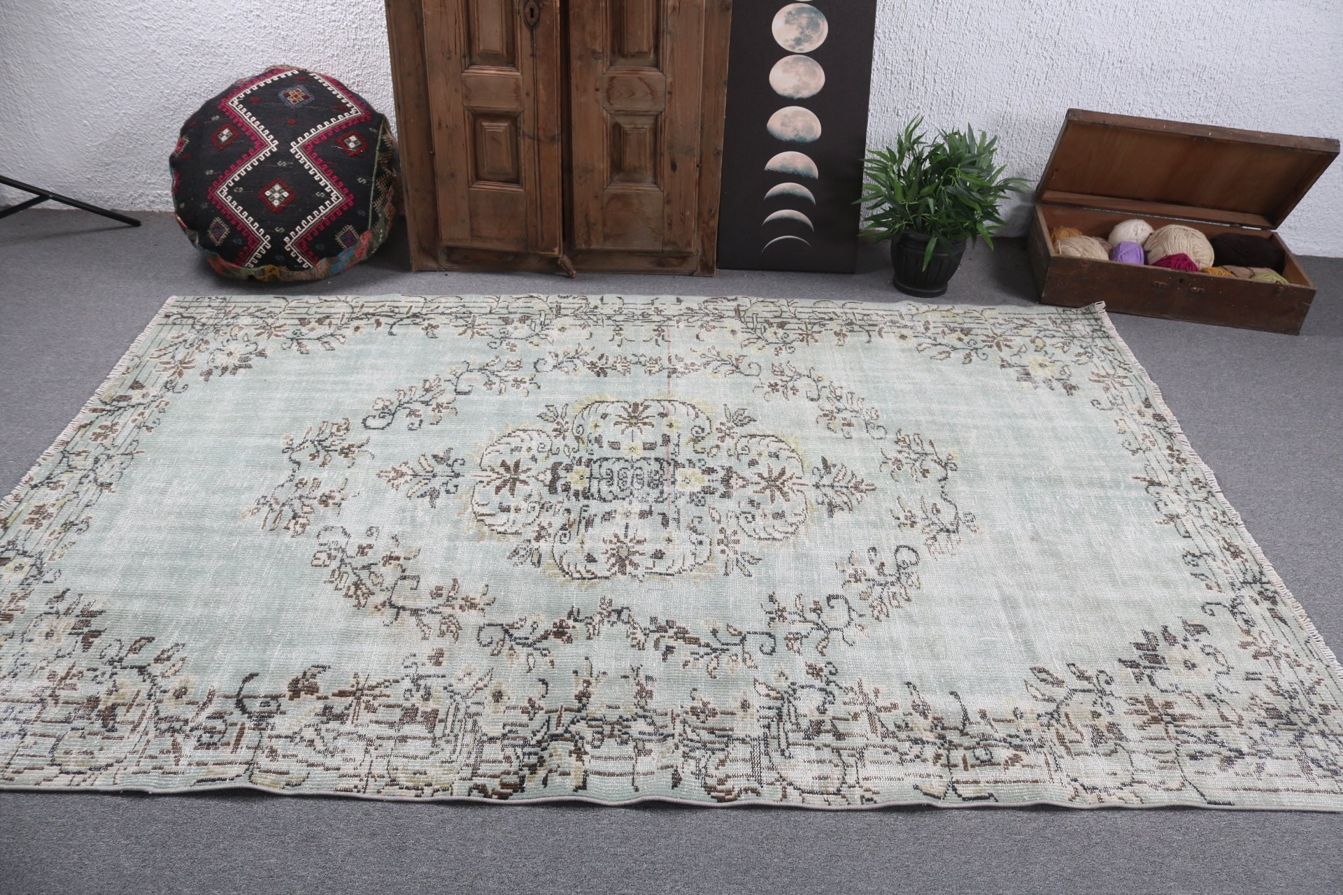 El Yapımı Halı, Yeşil Anadolu Halıları, Vintage Halı, 5,4x8,3 ft Büyük Halılar, Boho Halısı, Büyük Oushak Halısı, Türk Halıları, Havalı Halı, Büyük Boho Halıları