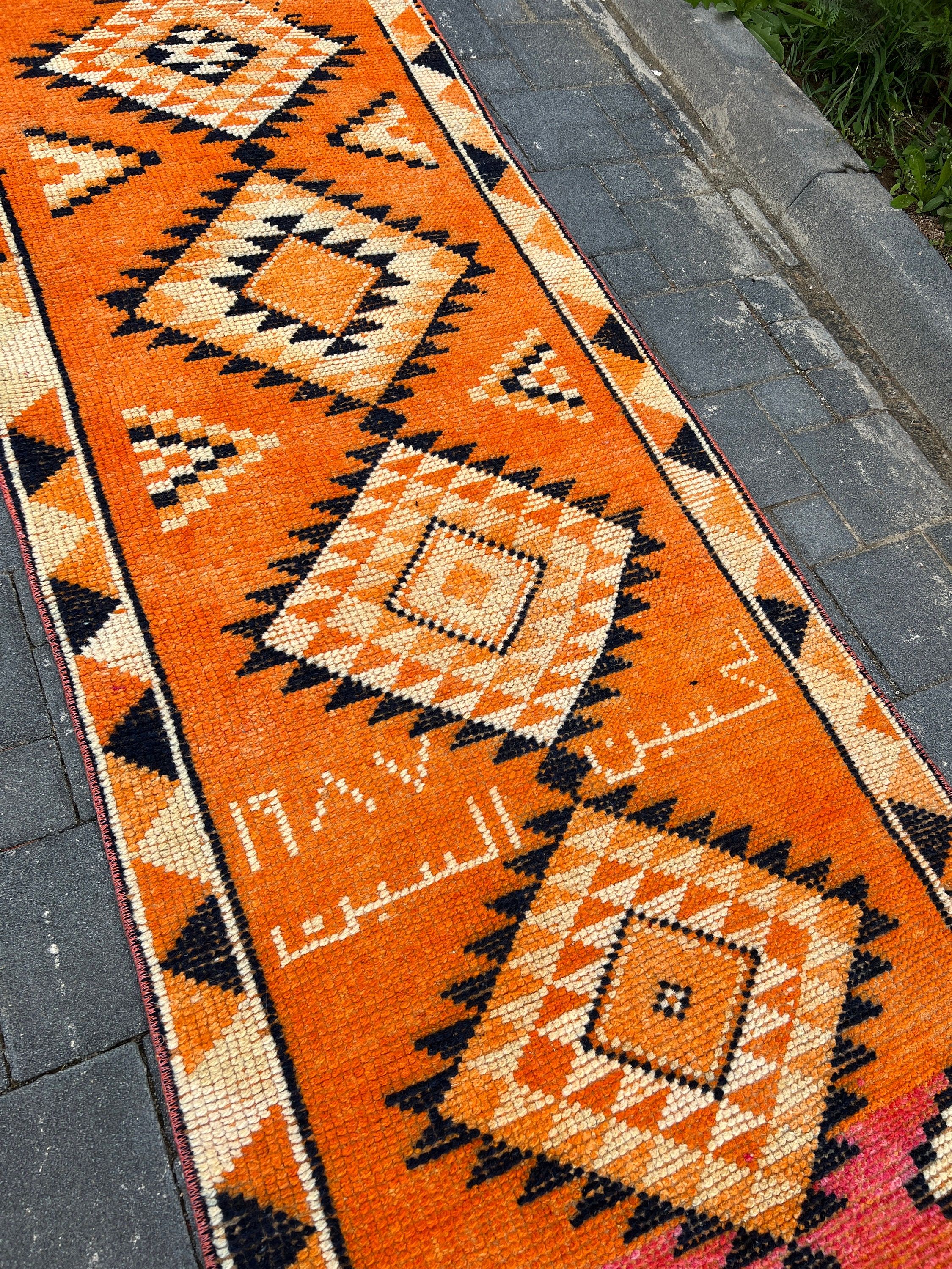 Otantik Halı, 2.9x12.4 ft Runner Halı, Vintage Halı, Türk Halıları, Mutfak Halıları, Mutfak Halıları, Ev Dekorasyonu Halıları, Turuncu Mutfak Halısı