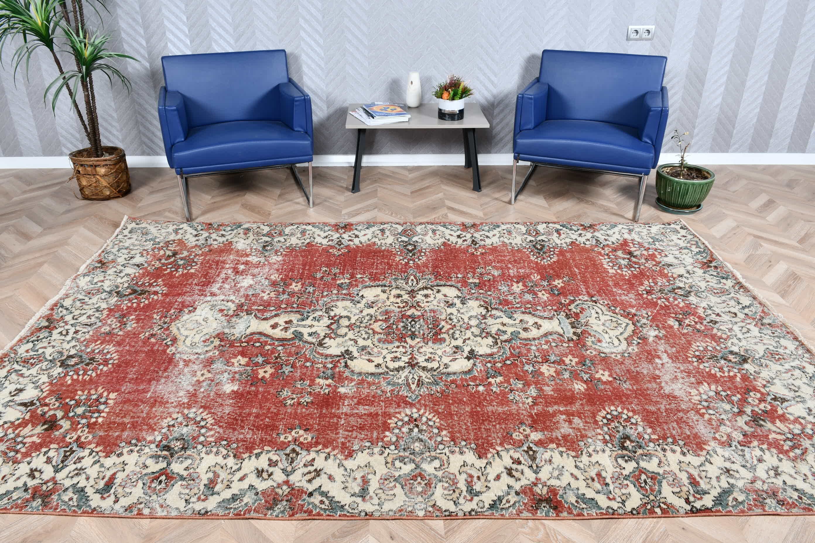Moroccan Rug, 6.2x9.6 ft Large Rug, Dining Room Rugs, Red Anatolian Rug, Turkish Rugs, Pastel Rug, Vintage Rug, Salon Rugs