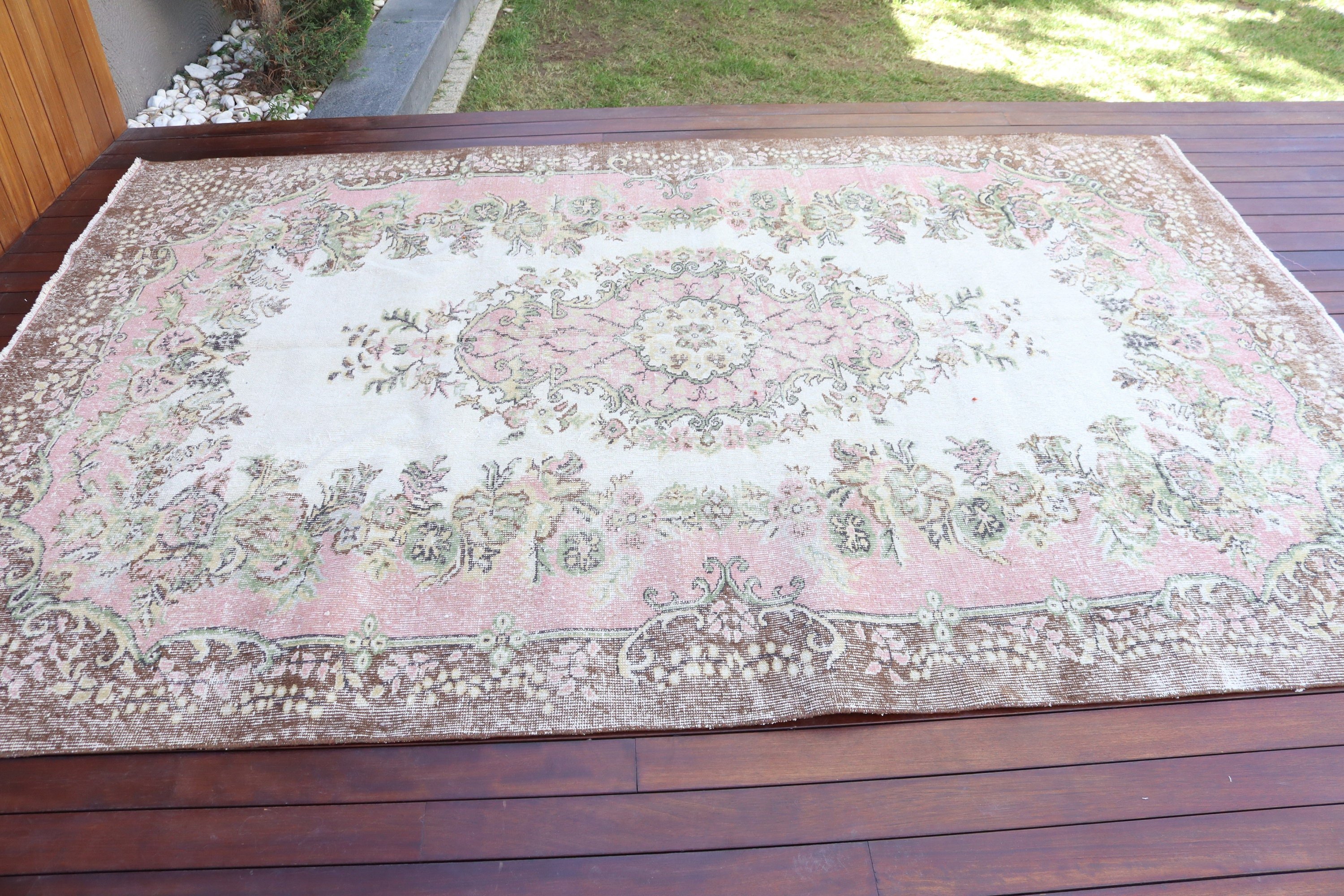 Bej Anadolu Halısı, Büyük Vintage Halı, Büyük Oushak Halısı, Türk Halısı, Lüks Halı, Geometrik Halılar, Vintage Halılar, 6,4x9,6 ft Büyük Halılar