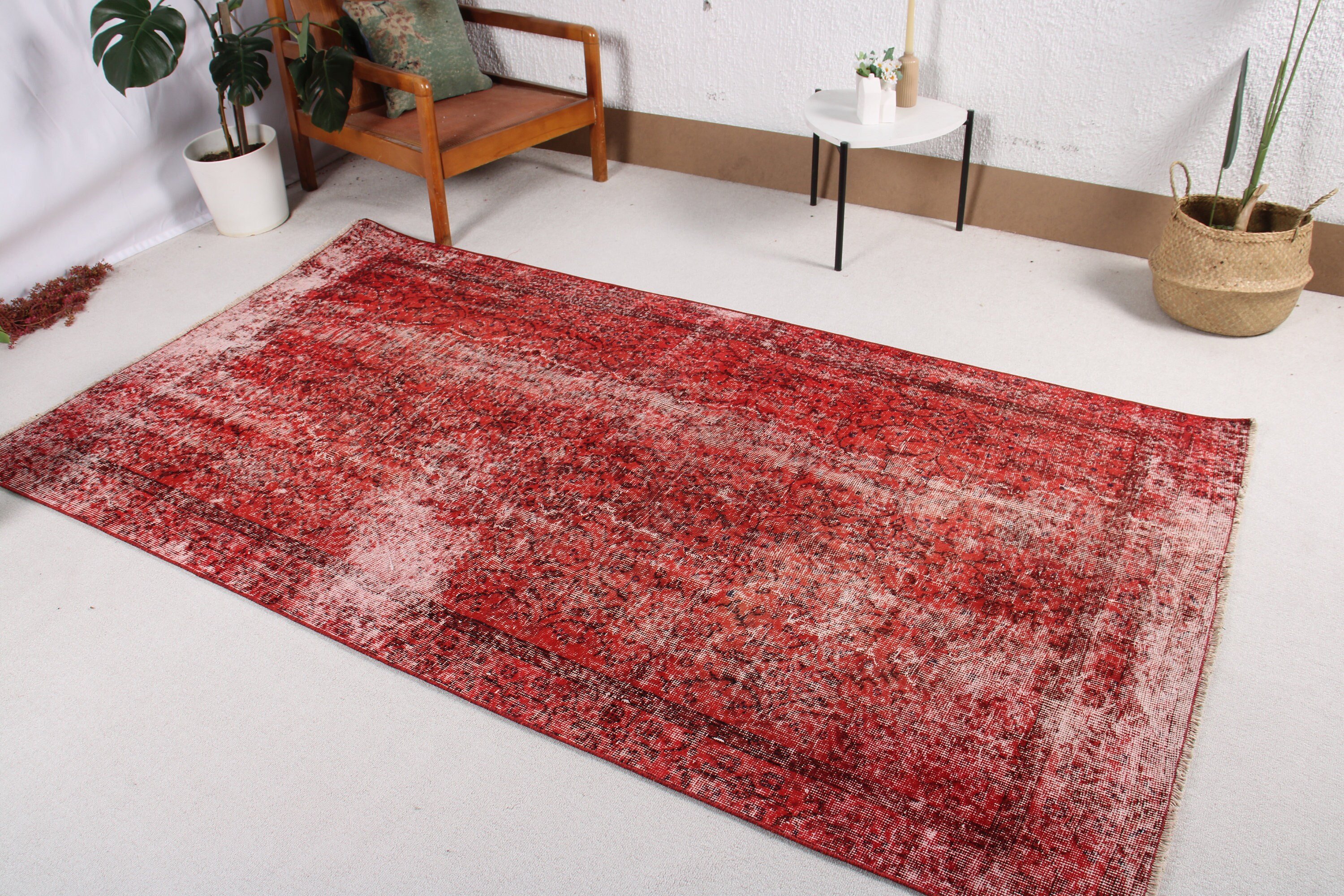 Havalı Halı, Türk Halısı, Yemek Odası Halıları, Vintage Halı, Kırmızı Düz ​​Dokuma Halılar, 4,4x8,1 ft Alan Halıları, Oushak Alan Halıları, Boho Halısı, Oushak Halıları