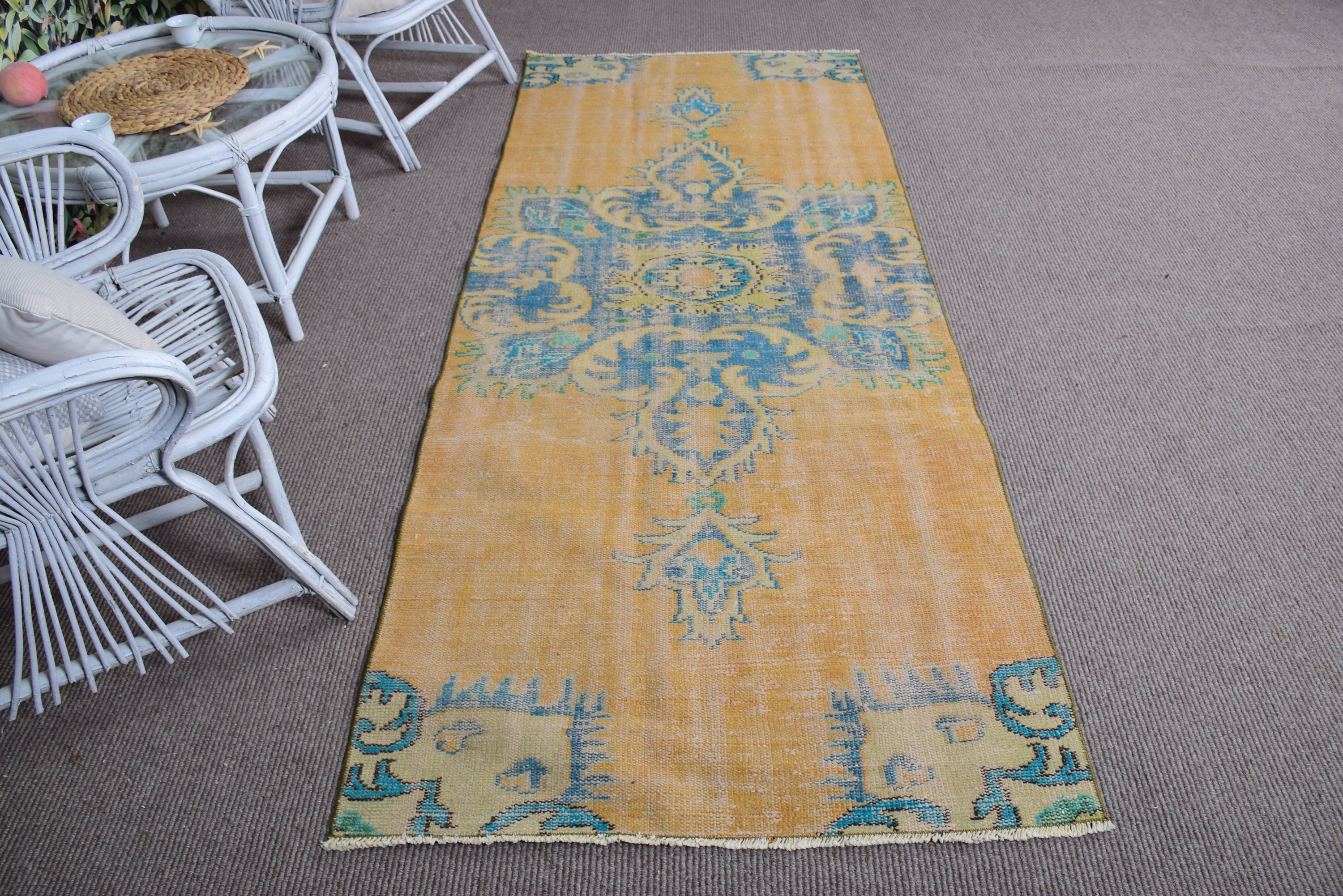 Vintage Area Rug, Geometric Rug, Turkish Rugs, Neutral Rug, Dining Room Rug, 3.3x7.9 ft Area Rugs, Vintage Rug, Orange Kitchen Rug