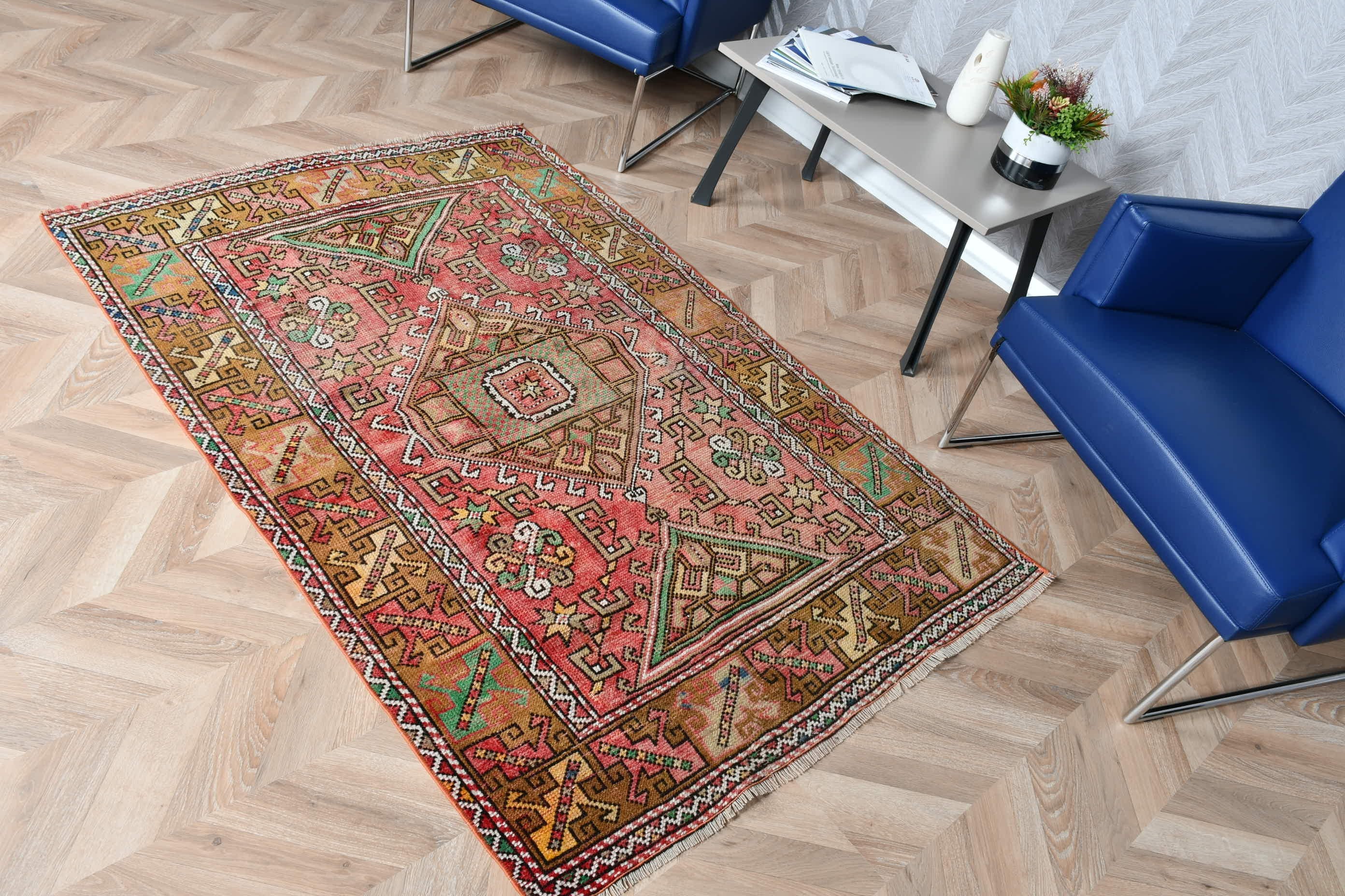 Vintage Rug, Turkish Rugs, Antique Rugs, Nursery Rug, 3.8x5.7 ft Accent Rugs, Bedroom Rug, Red Kitchen Rug, Rugs for Kitchen