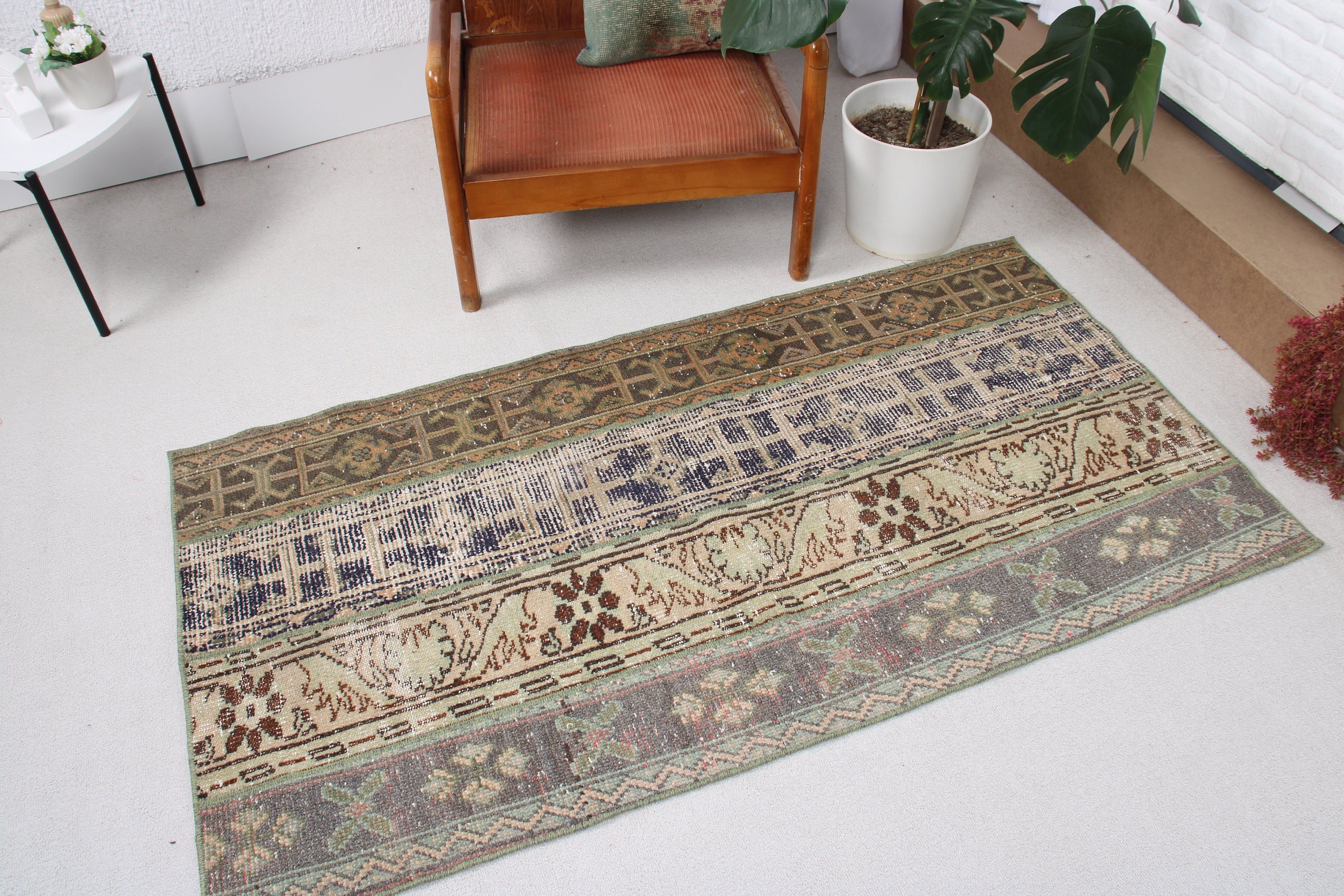 Boho Halı, Modern Halı, Yeşil Açıklama Halısı, Giriş Halısı, Bohem Halıları, 2,9x5,5 ft Aksan Halıları, Vintage Halı, Türk Halıları, Dekoratif Halılar