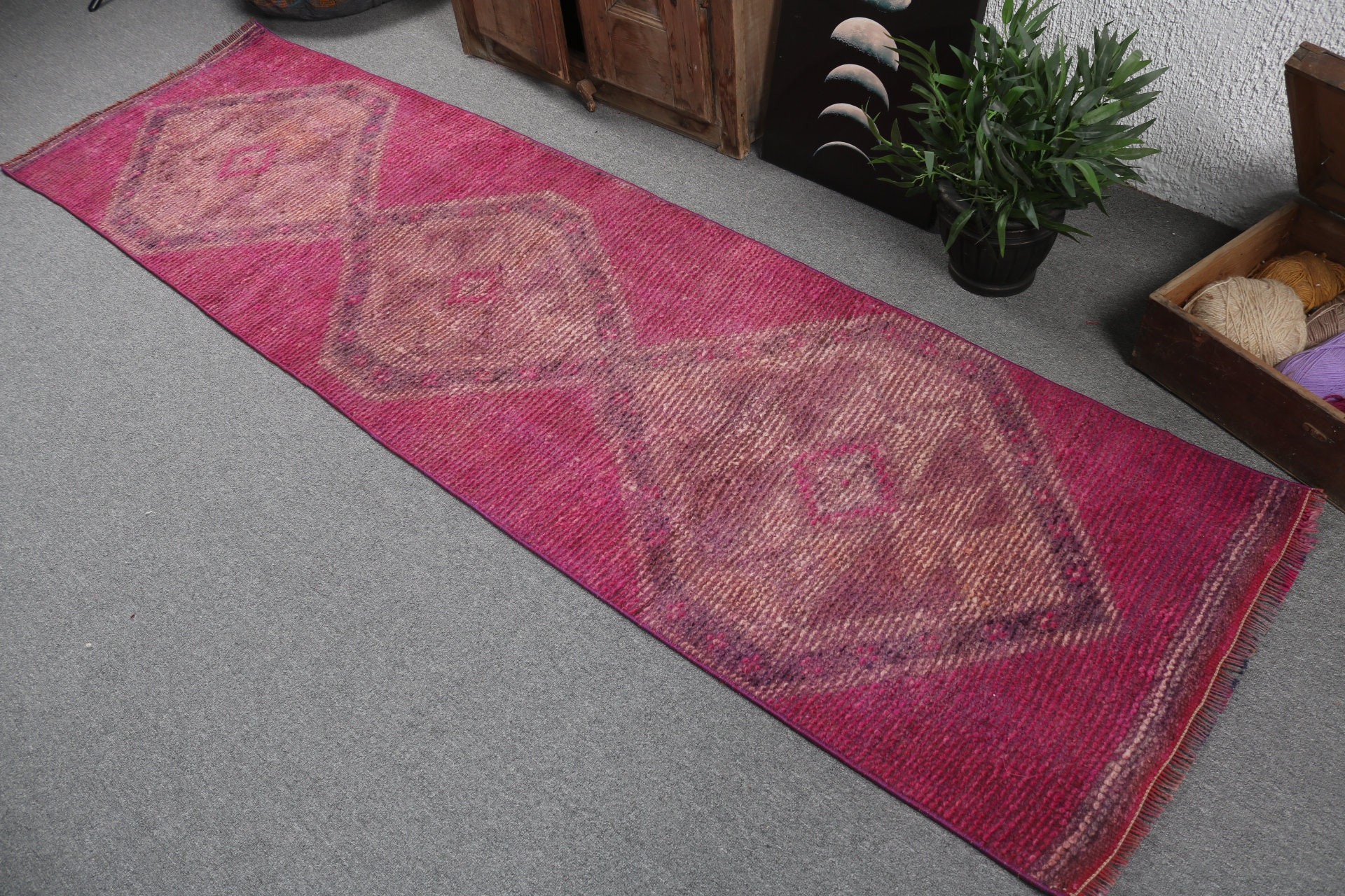 El Dokuma Halılar, Koridor Halıları, Vintage Halılar, Pembe 2.4x8.9 ft Runner Halı, Mutfak Halıları, Vintage Runner Halıları, Türk Halısı