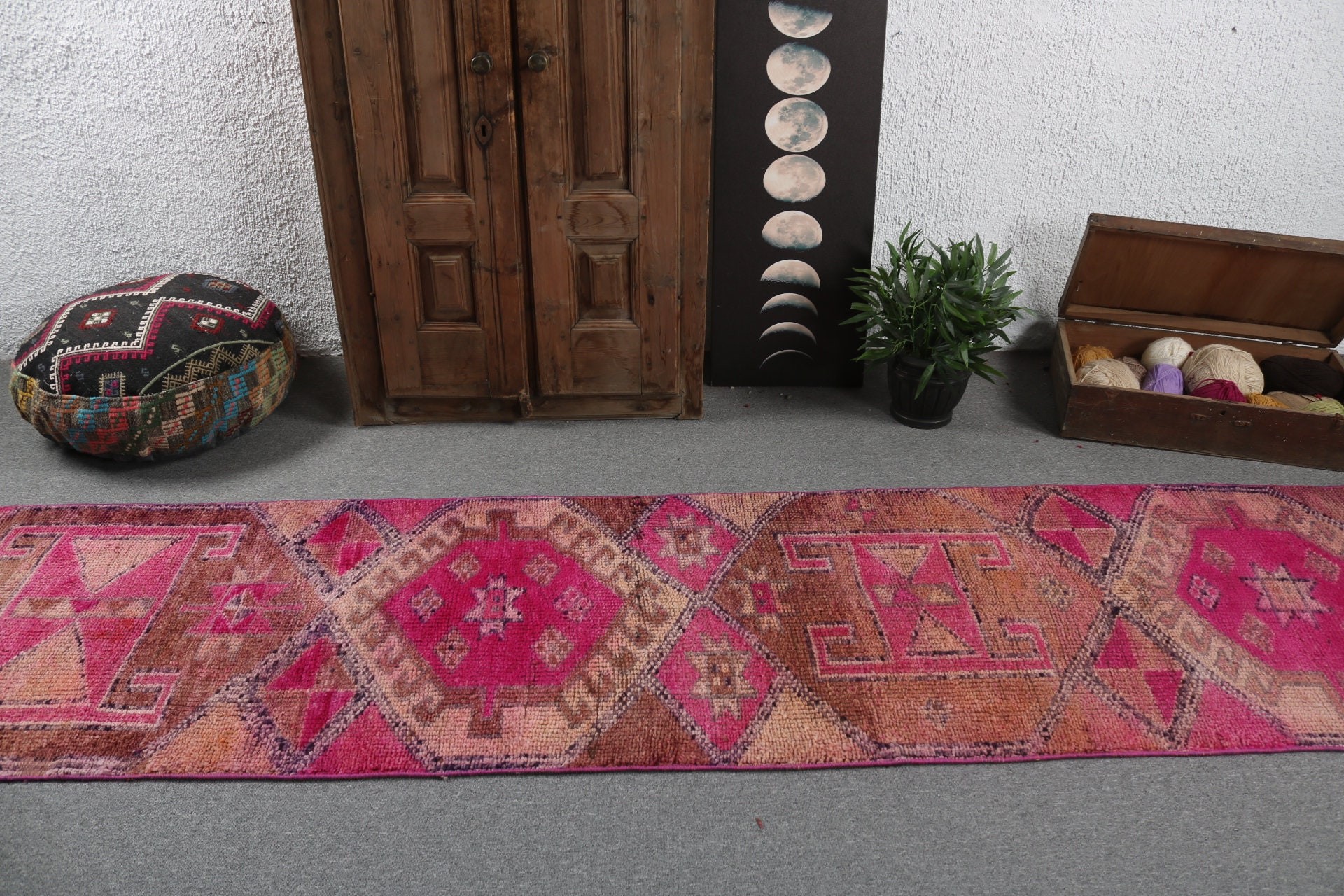 Yün Halı, Uzun Yolluk Halıları, Türk Halısı, Pembe Nötr Halı, Oryantal Halı, Mutfak Halıları, Runner Halıları, 2.7x11 ft Runner Halıları, Vintage Halı