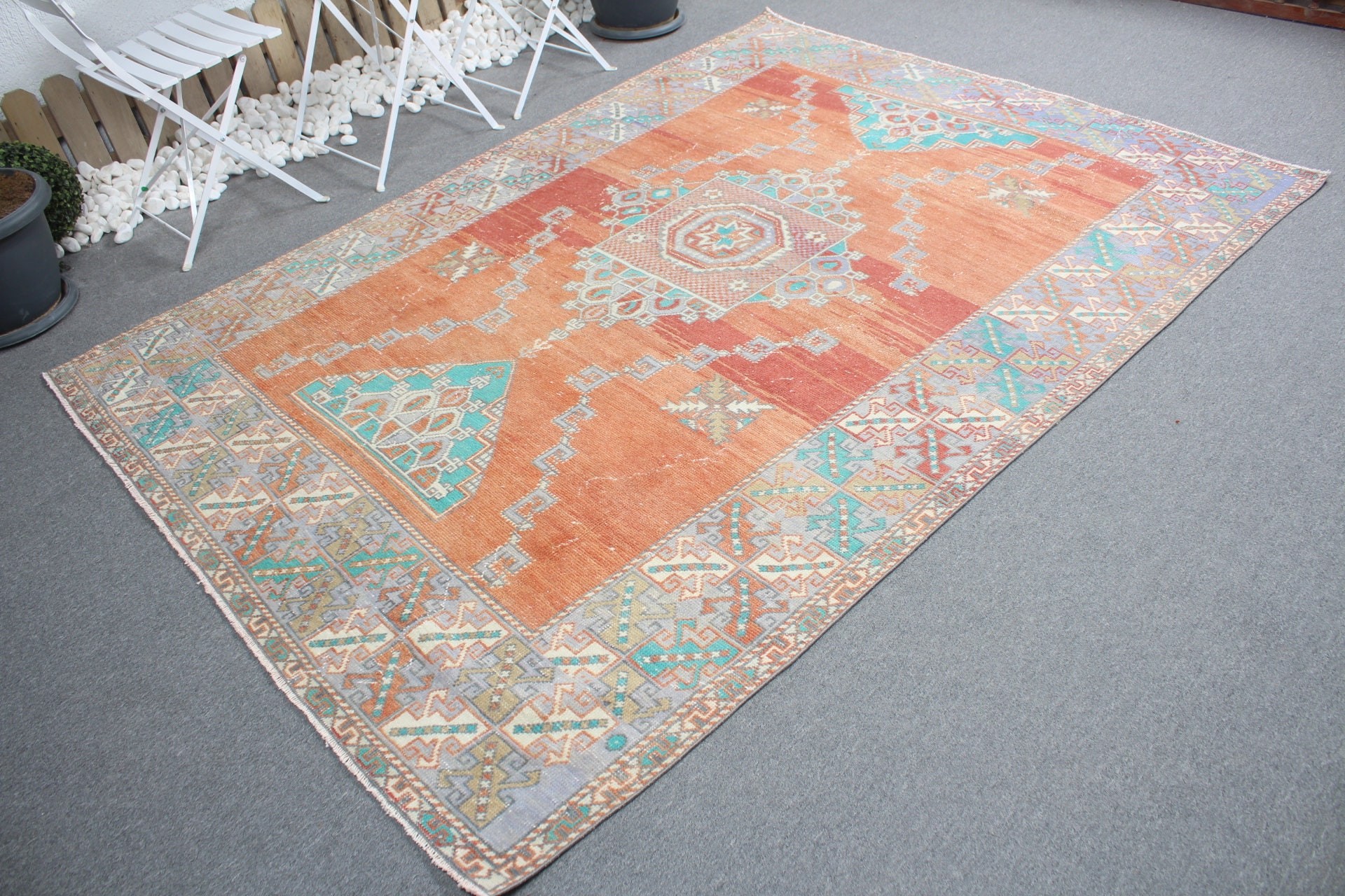 5.7x8.5 ft Large Rug, Vintage Rug, Old Rug, Turkish Rugs, Oriental Rug, Orange Floor Rug, Dining Room Rugs, Living Room Rugs, Anatolian Rug