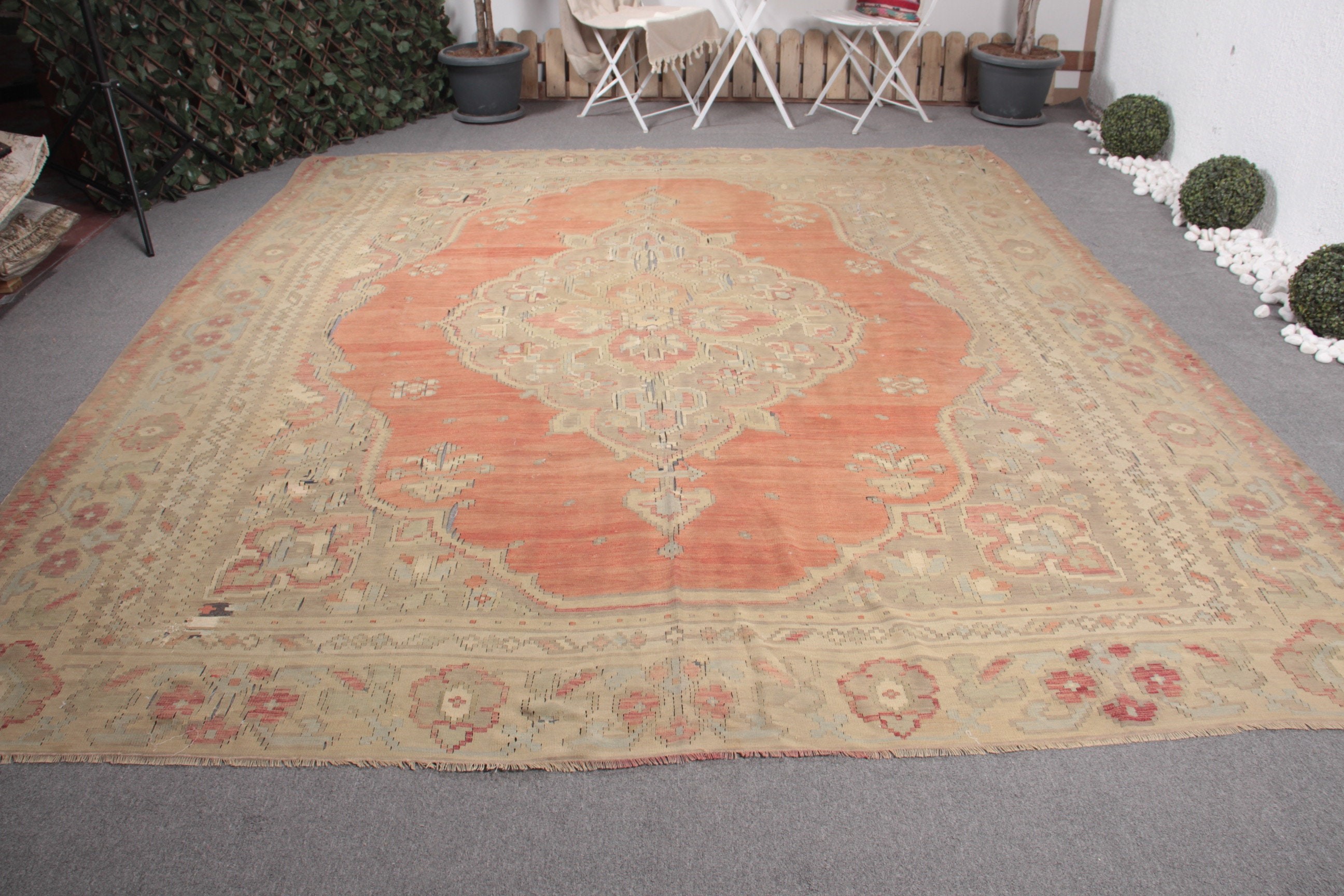 Yemek Odası Halısı, Kilim, Oushak Halısı, Soğuk Halı, Salon Halısı, Türk Halısı, Bej Ev Dekor Halısı, 9.5x10.7 ft Büyük Boy Halı, Vintage Halı, Sanat Halısı