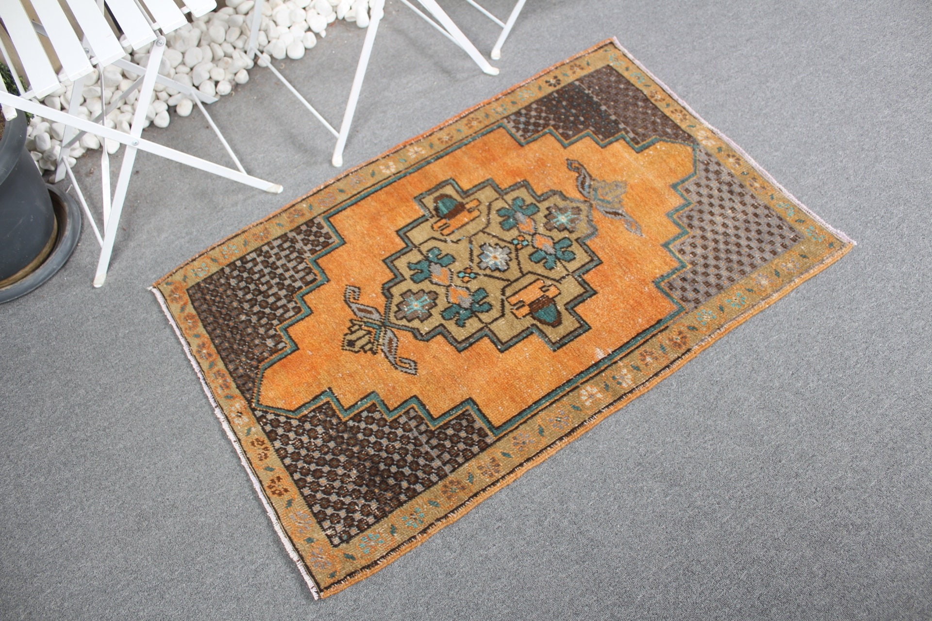 Araba Paspas Halısı, Sessiz Halı, 2,5x3,8 ft Küçük Halı, Giriş Halıları, Oushak Halıları, Turuncu Antika Halılar, Vintage Halılar, Türk Halıları