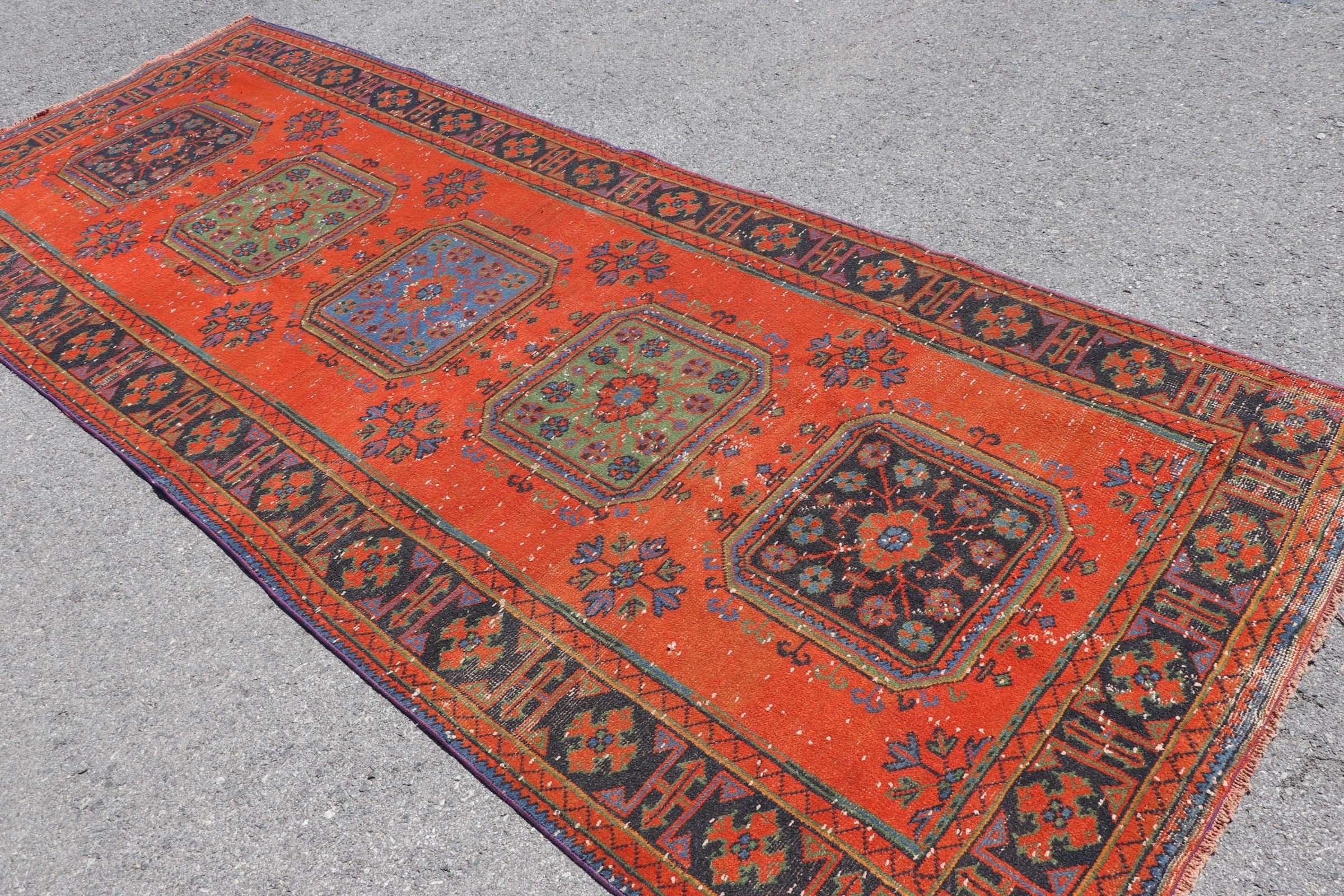 Turuncu Oushak Halı, Vintage Halılar, Türk Halısı, Mutfak Halısı, Oryantal Halı, Bohem Halısı, Yatak Odası Halısı, 4.4x11.5 ft Koşucu Halısı, Koridor Halısı