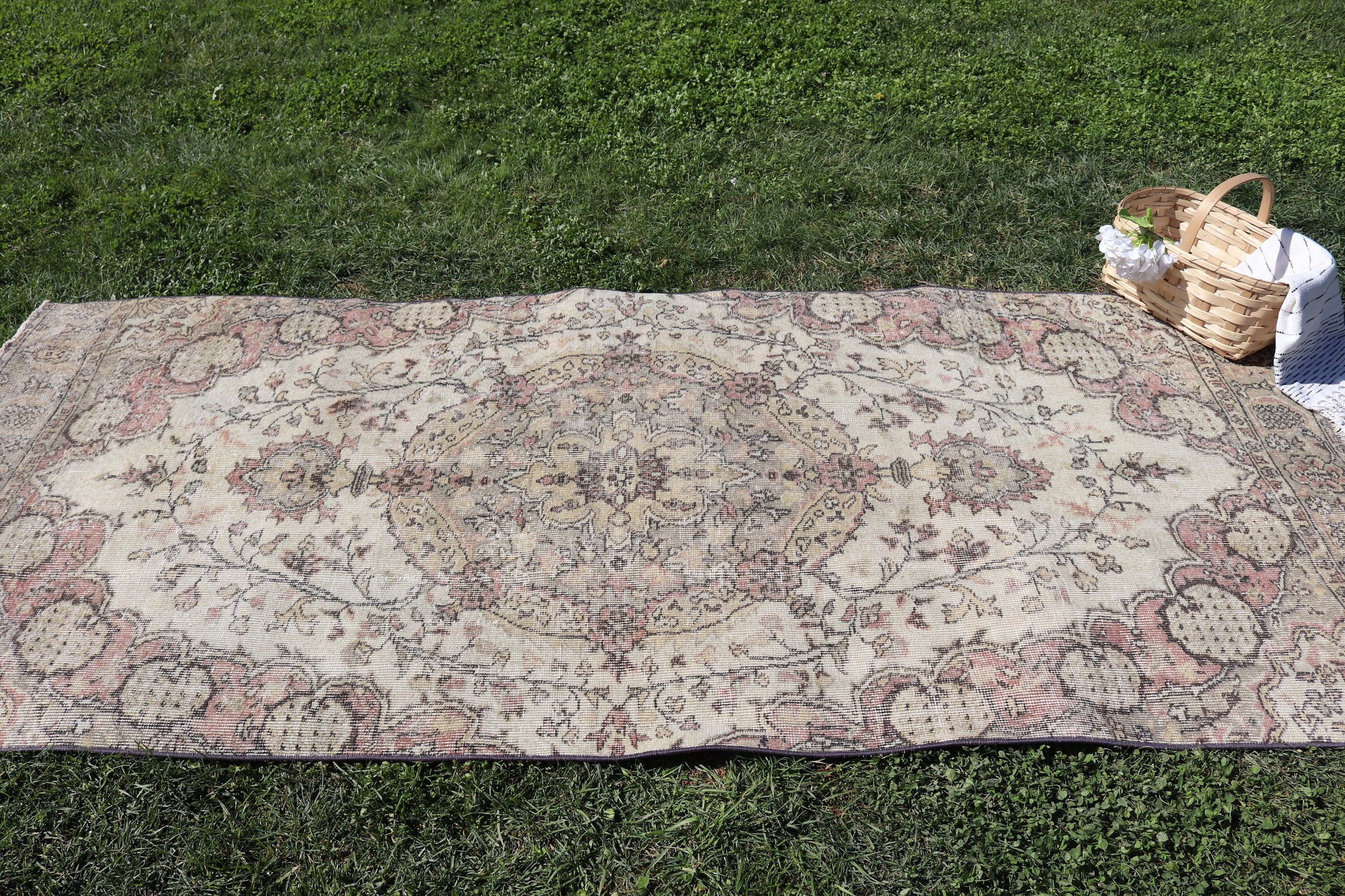 Vintage Halılar, Yün Halılar, Bej Antika Halılar, Modern Halı, 3,7x8,6 ft Alan Halısı, Boho Halıları, Türk Halıları, Oushak Bölge Halısı, Oturma Odası Halıları