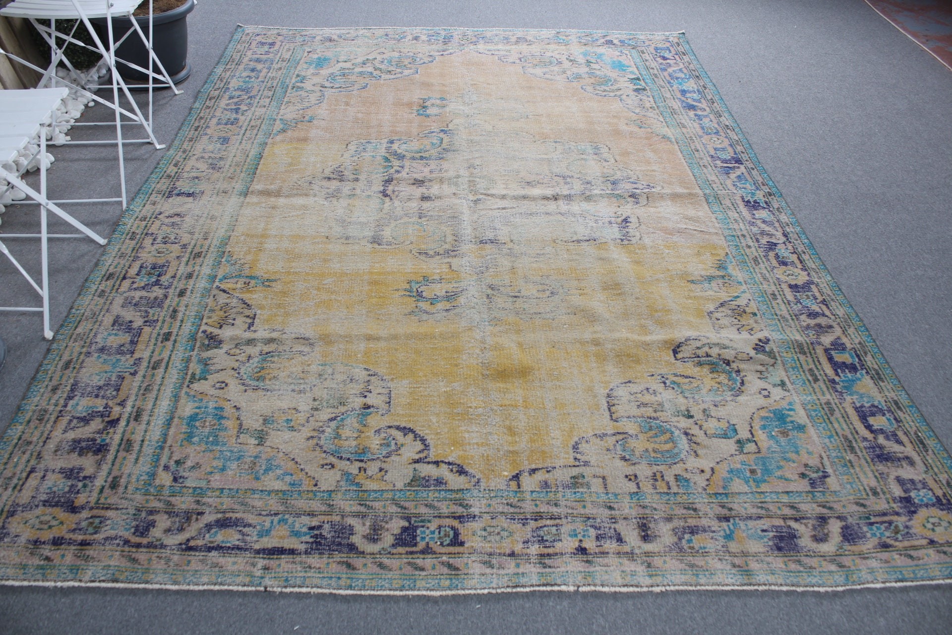 6.9x9.4 ft Büyük Halılar, Vintage Halı, Boho Halı, Oturma Odası Halısı, Sarı Yün Halı, Yer Halısı, Sanat Halısı, Yatak Odası Halısı, Türk Halısı