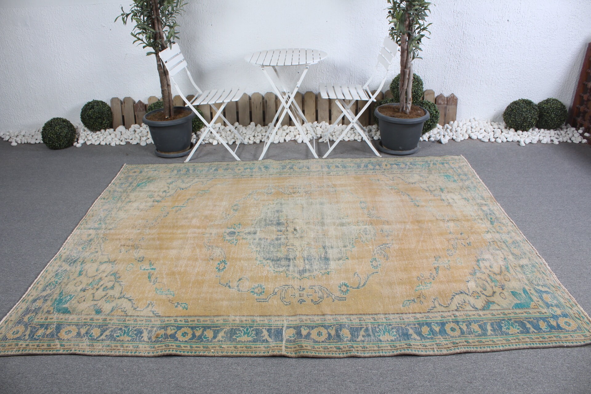 Sarı Havalı Halılar, Mutfak Halıları, Yemek Odası Halıları, Yurt Halısı, 6,4x8,1 ft Büyük Halı, Vintage Halılar, Yatak Odası Halısı, Türk Halısı, Oturma Odası Halısı