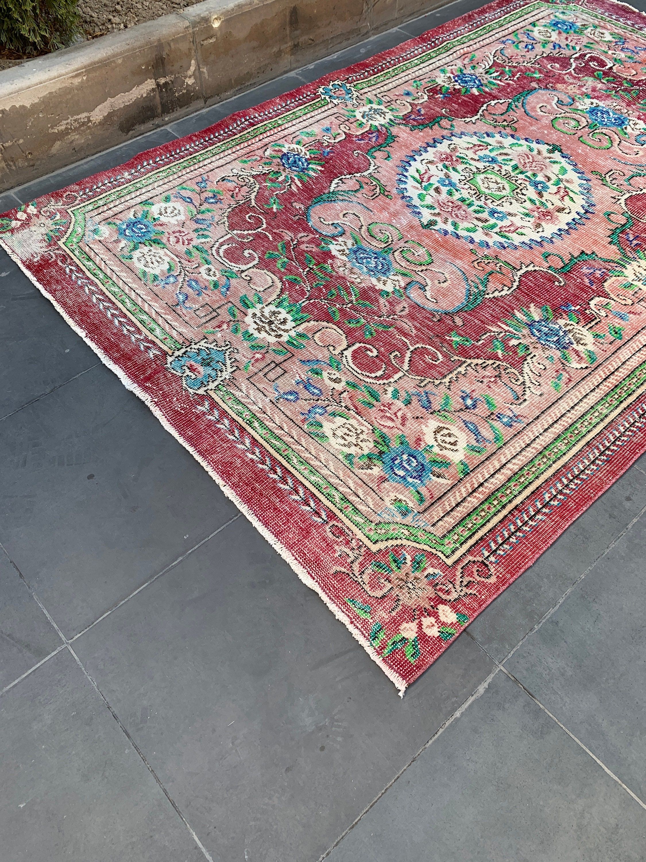 Vintage Halı, Türk Halısı, 6.1x9.4 ft Büyük Halı, Kırmızı Soğuk Halı, Salon Halıları, Yün Halı, Yemek Odası Halısı, Oturma Odası Halıları