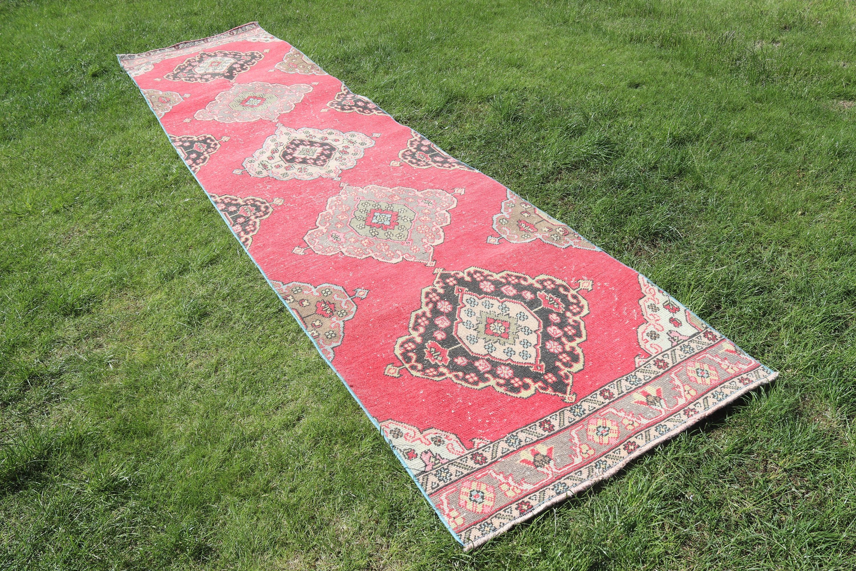 Uzun Yolluk Halıları, Yün Halıları, Türk Halısı, Vintage Halı, Kırmızı Geometrik Halılar, 2.9x12.8 ft Runner Halıları, Vintage Runner Halıları, Oryantal Halı