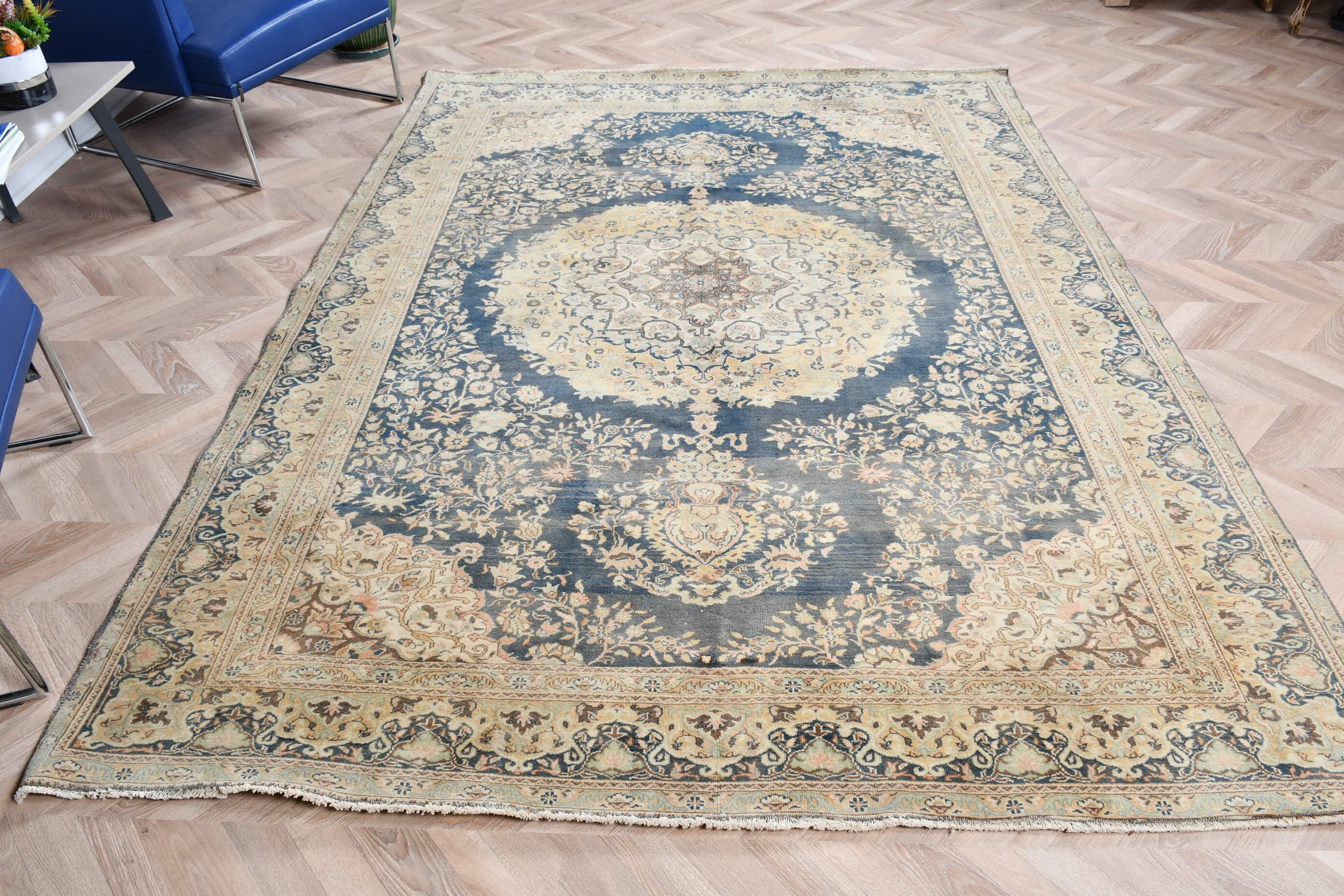 Yer Halısı, 6.4x9 ft Büyük Halı, Oturma Odası Halıları, Bej Antika Halı, Yemek Odası Halıları, Vintage Halı, Yatak Odası Halıları, Sanat Halısı, Türk Halıları