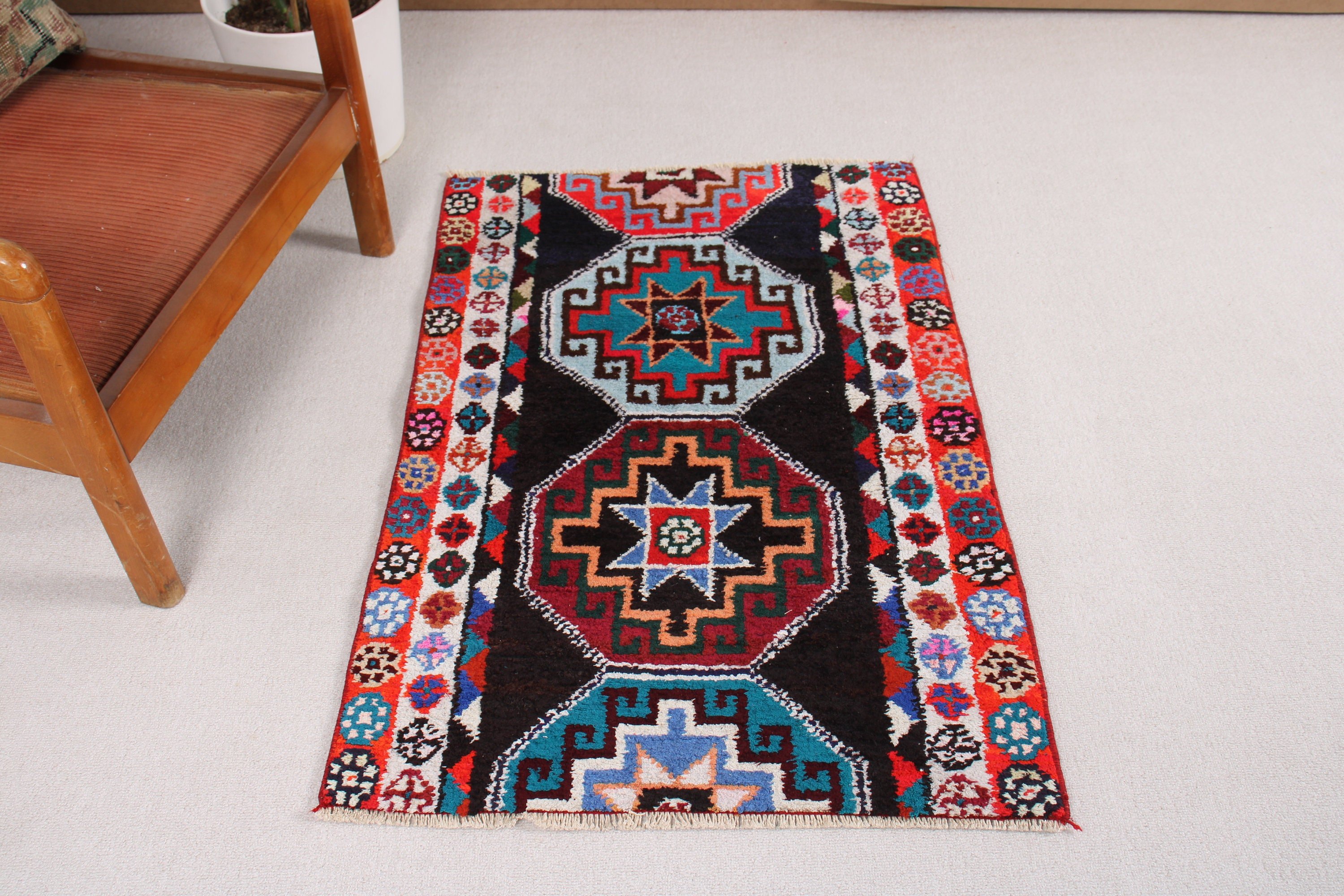 Boho Halı, Türk Halıları, 2.4x3.5 ft Küçük Halı, Küçük Vintage Halı, Vintage Halılar, Anadolu Halıları, Giriş Halıları, Mavi Geometrik Halı, Modern Halılar