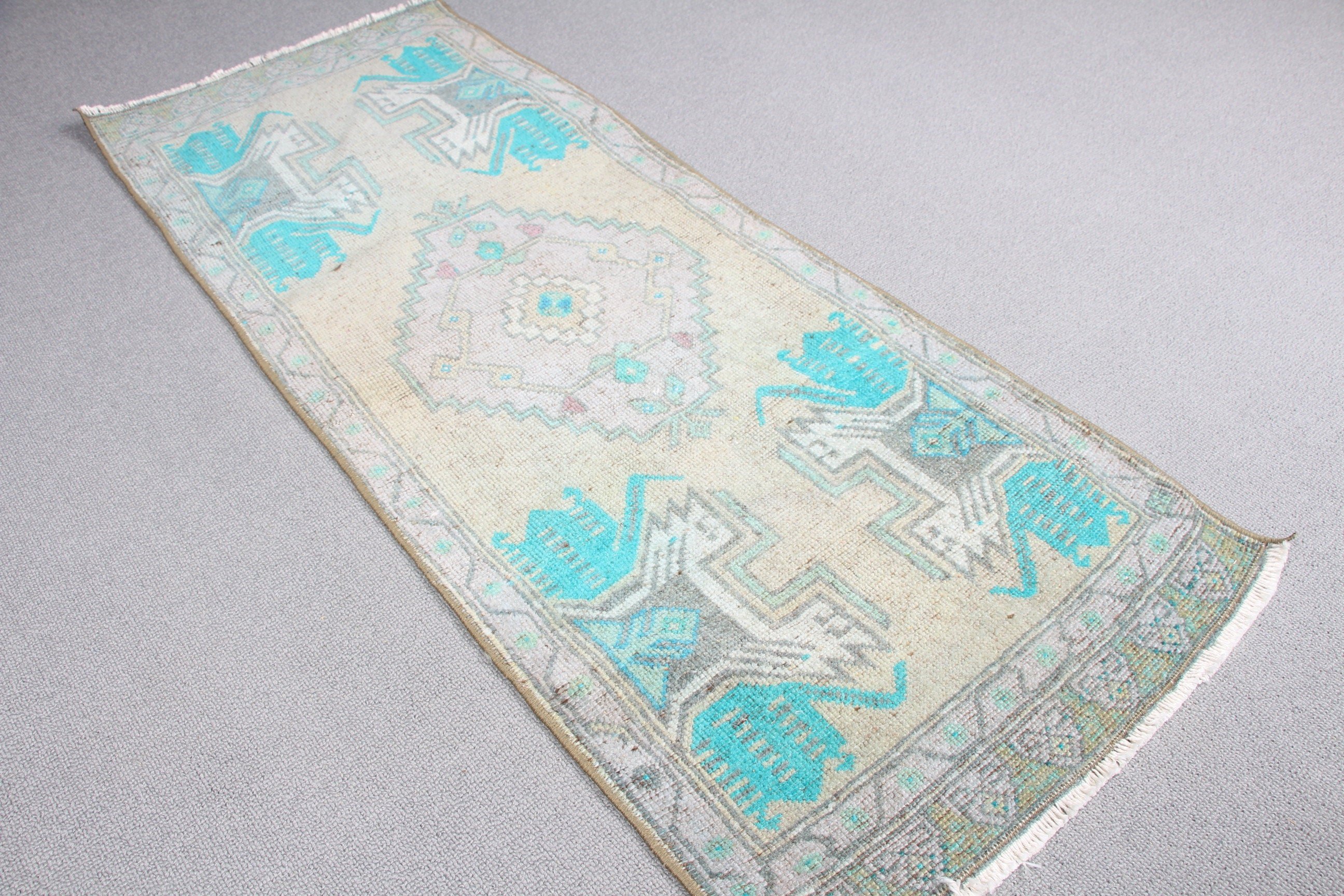 1.4x3.6 ft Small Rug, Bedroom Rugs, Green Oriental Rug, Door Mat Rug, Vintage Rug, Oriental Rug, Muted Rugs, Turkish Rug, Anatolian Rugs