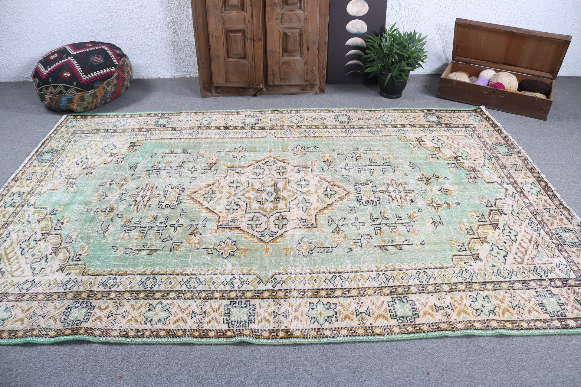 Boho Halı, Yeşil Yatak Odası Halısı, Salon Halıları, Oushak Halısı, Türk Halısı, Vintage Halı, Büyük Vintage Halılar, 6x9,2 ft Büyük Halılar, Lüks Halılar